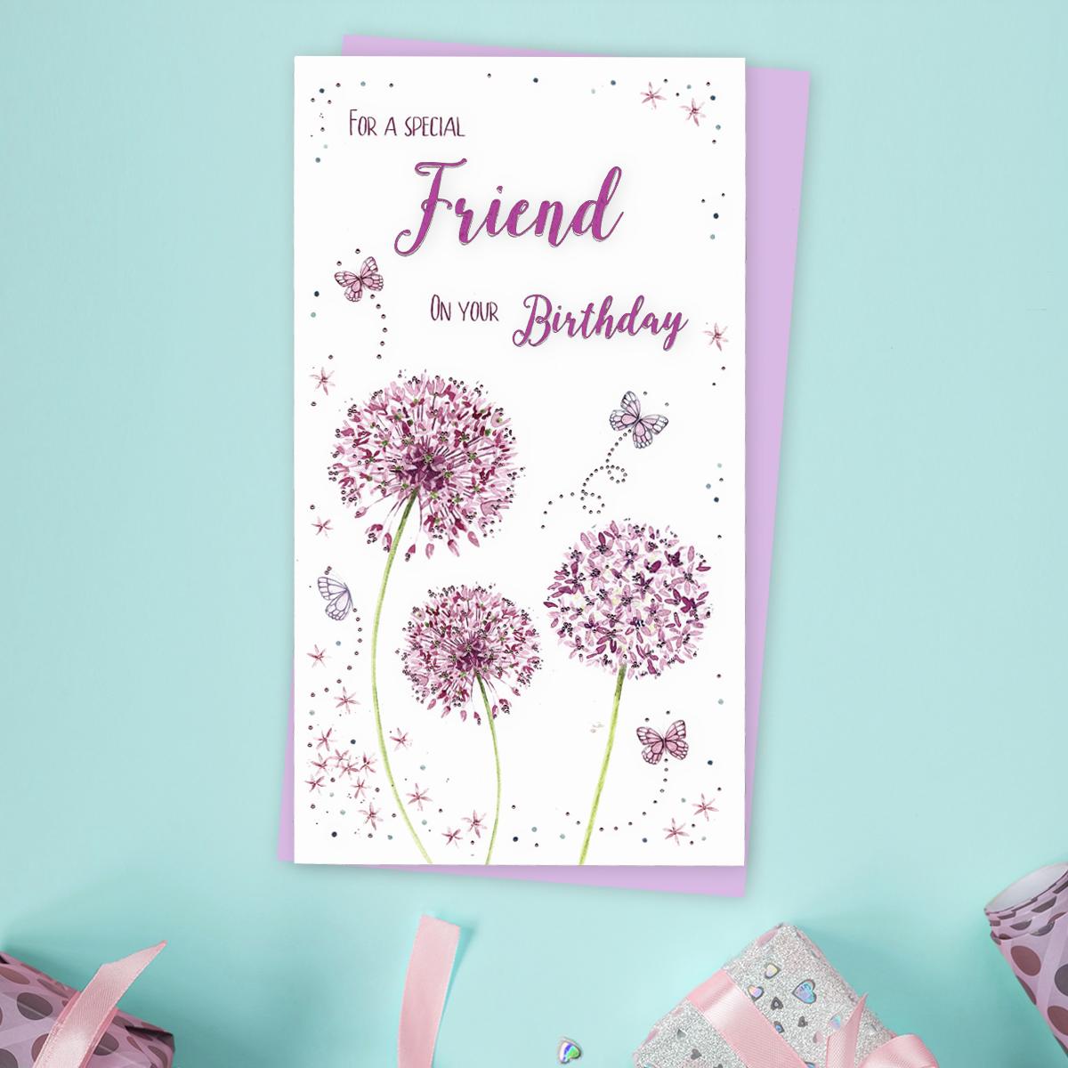 Friend Dandelion Friend Birthday Card Alongside Its Lilac Envelope