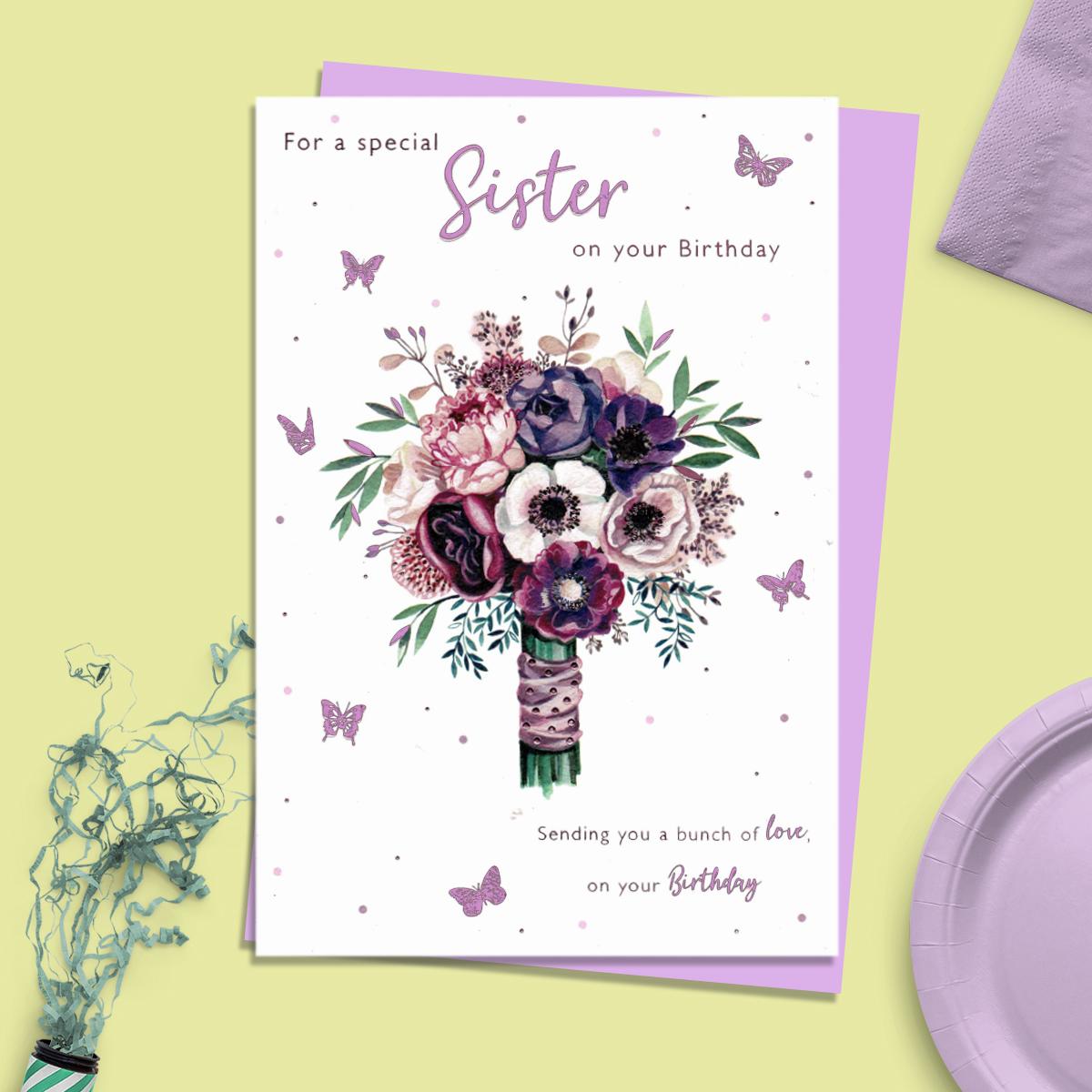 Sister Floral Birthday Card Alongside Its Lilac Envelope