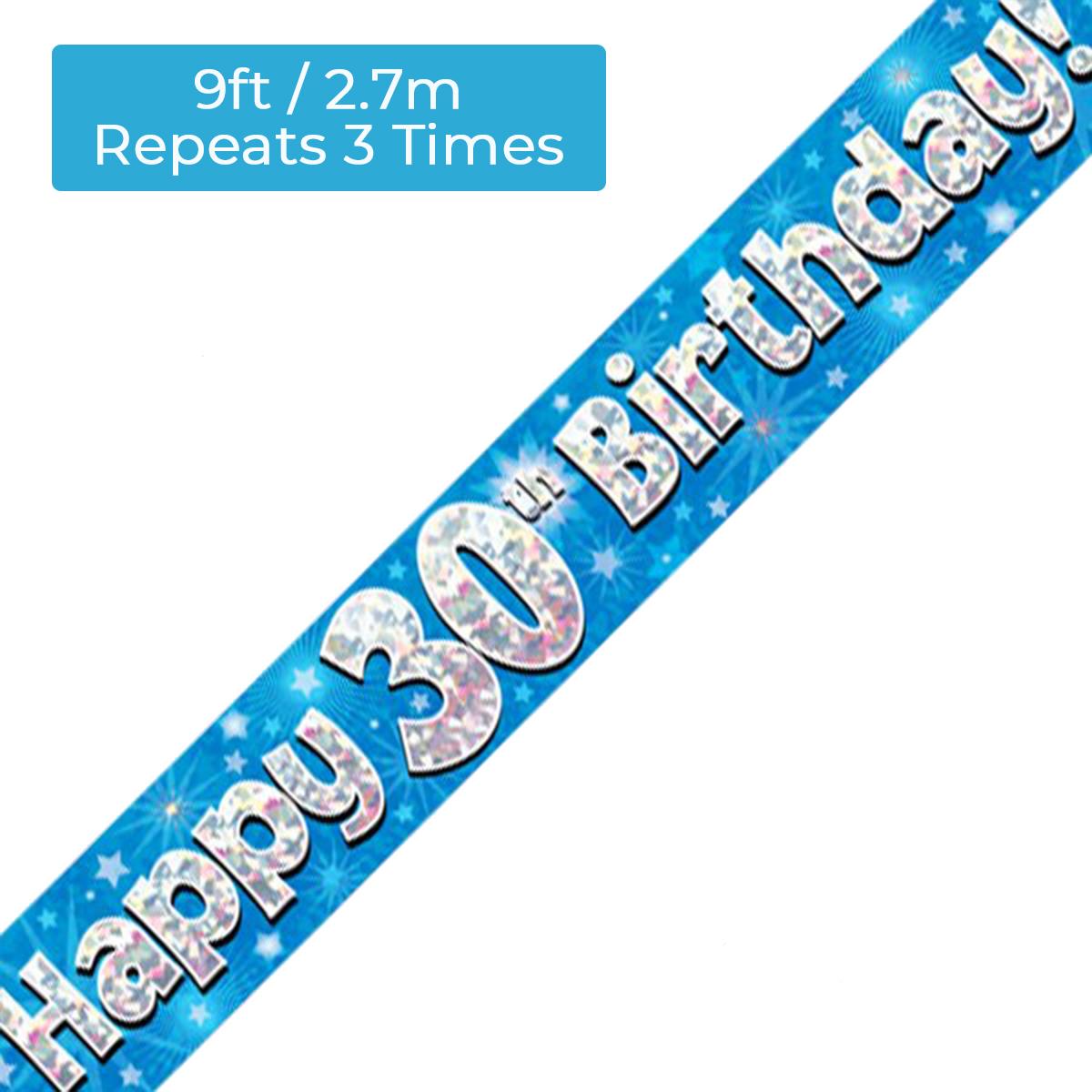 Age 30 Blue And Silver Holographic Party Banner Displayed