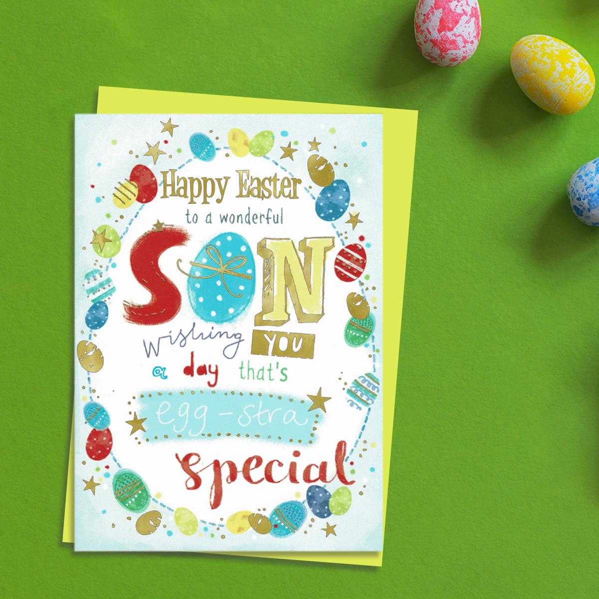 ' Happy Easter To A Wonderful Son' Card With added Gold Foil Detail. Complete With Yellow Envelope