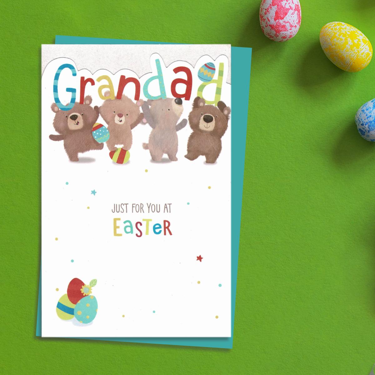 ' Grandad Just For You At Easter' Card Featuring Four Bears With Easter Eggs! Complete With Bright Teal Envelope