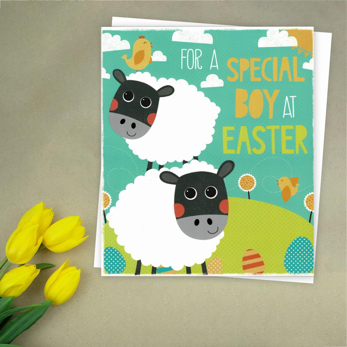 ' For A Special Boy At Easter' Glossy Card Featuring Two Cute Sheep! Complete With White Envelope