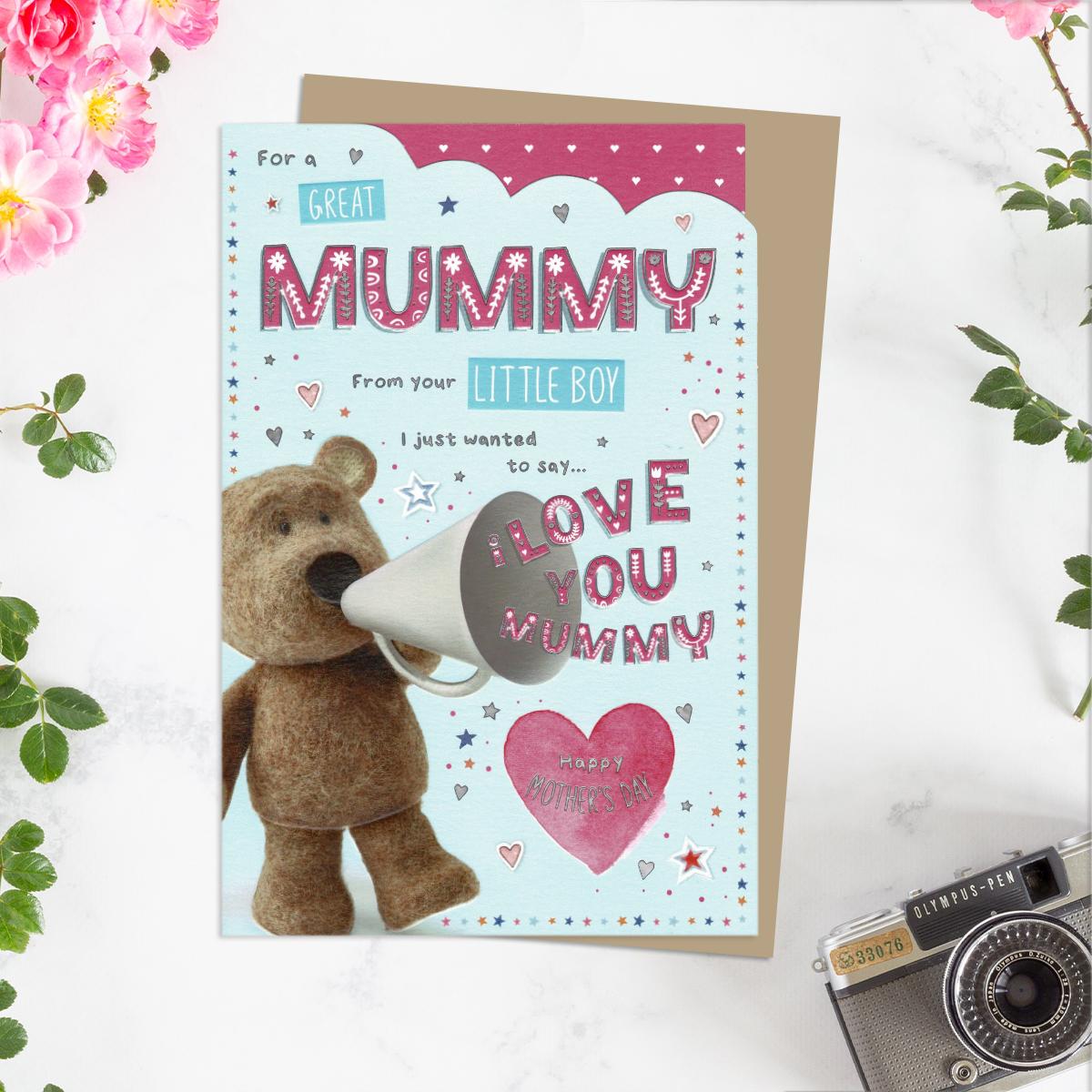' For A Great Mummy From Your Little Boy' Mother's Day Card Featuring Barley Bear and Megaphone! Complete With Added Silver Foiling And Brown Envelope