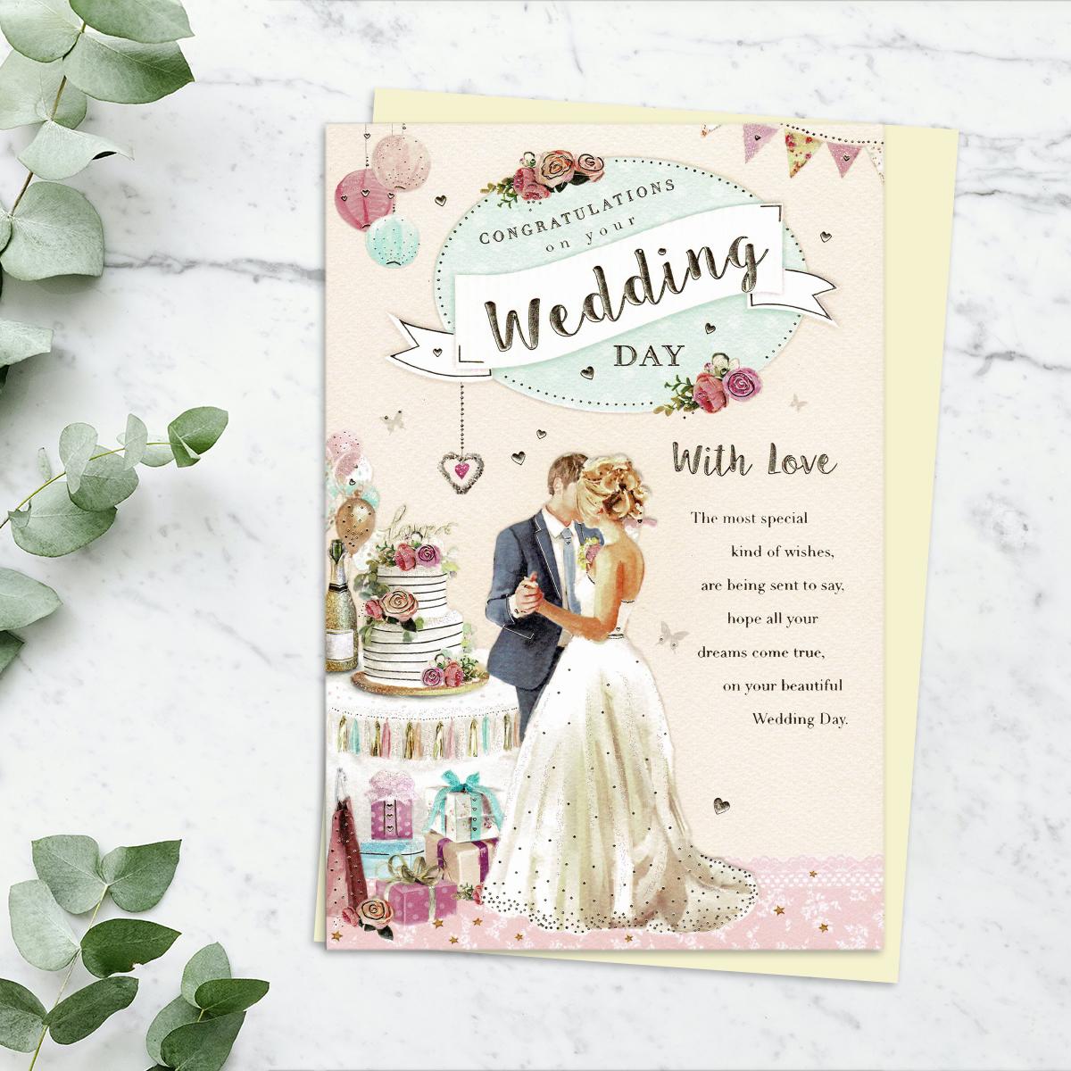Bride And Groom Wedding Card Alongside Its Ivory Envelope