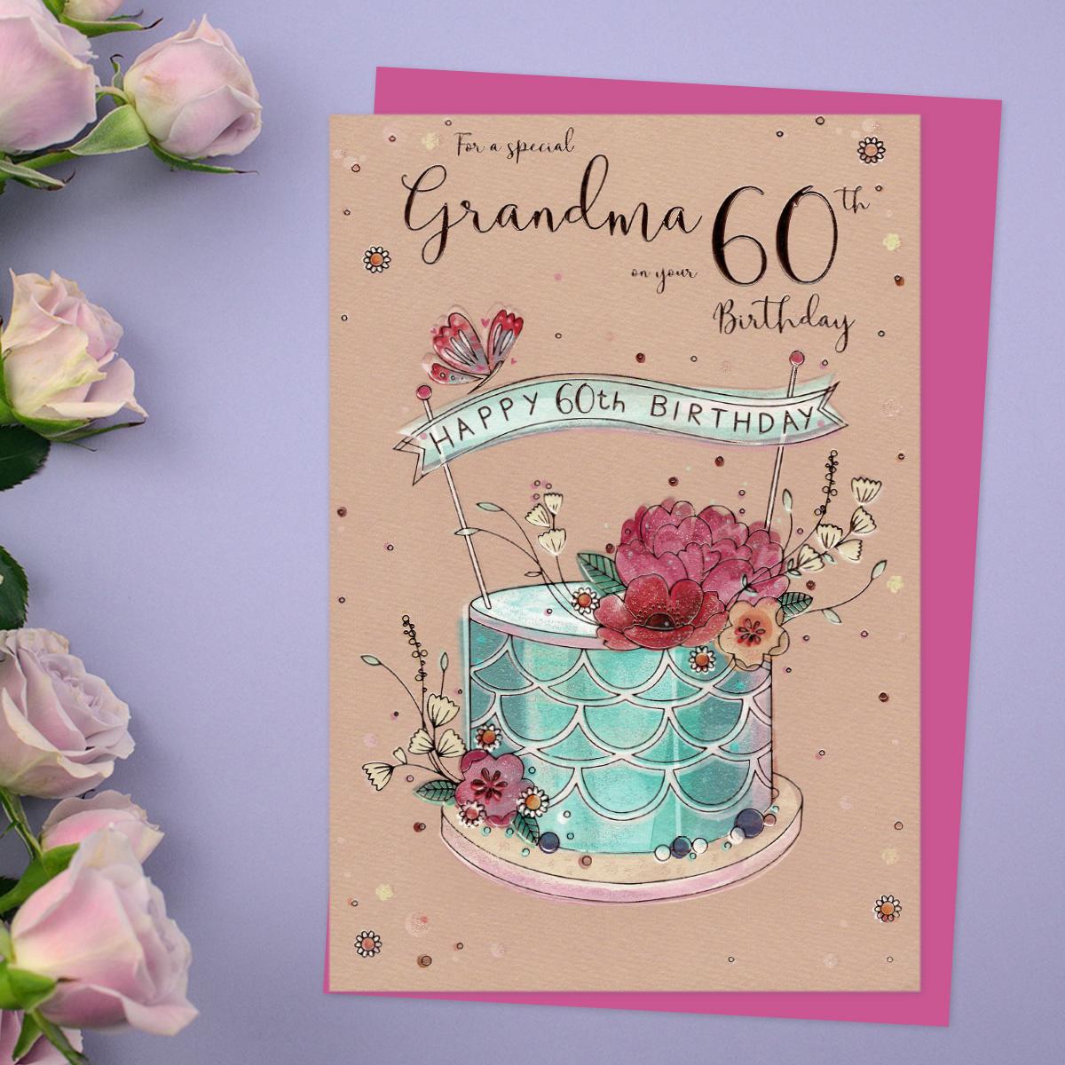 Grandma Age 60 Birthday Card Alongside Its Magenta Envelope