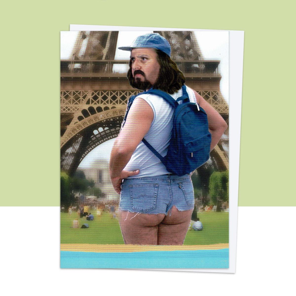 Backpacker At the Eiffel Tower Funny Card Front Image