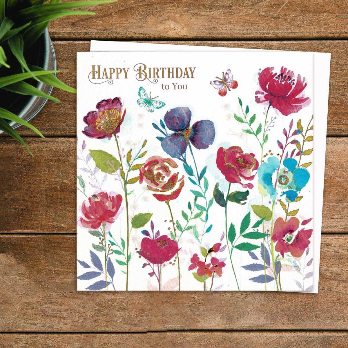 Damson Noire - Vibrant Flowers & Butterflies Card Front Image