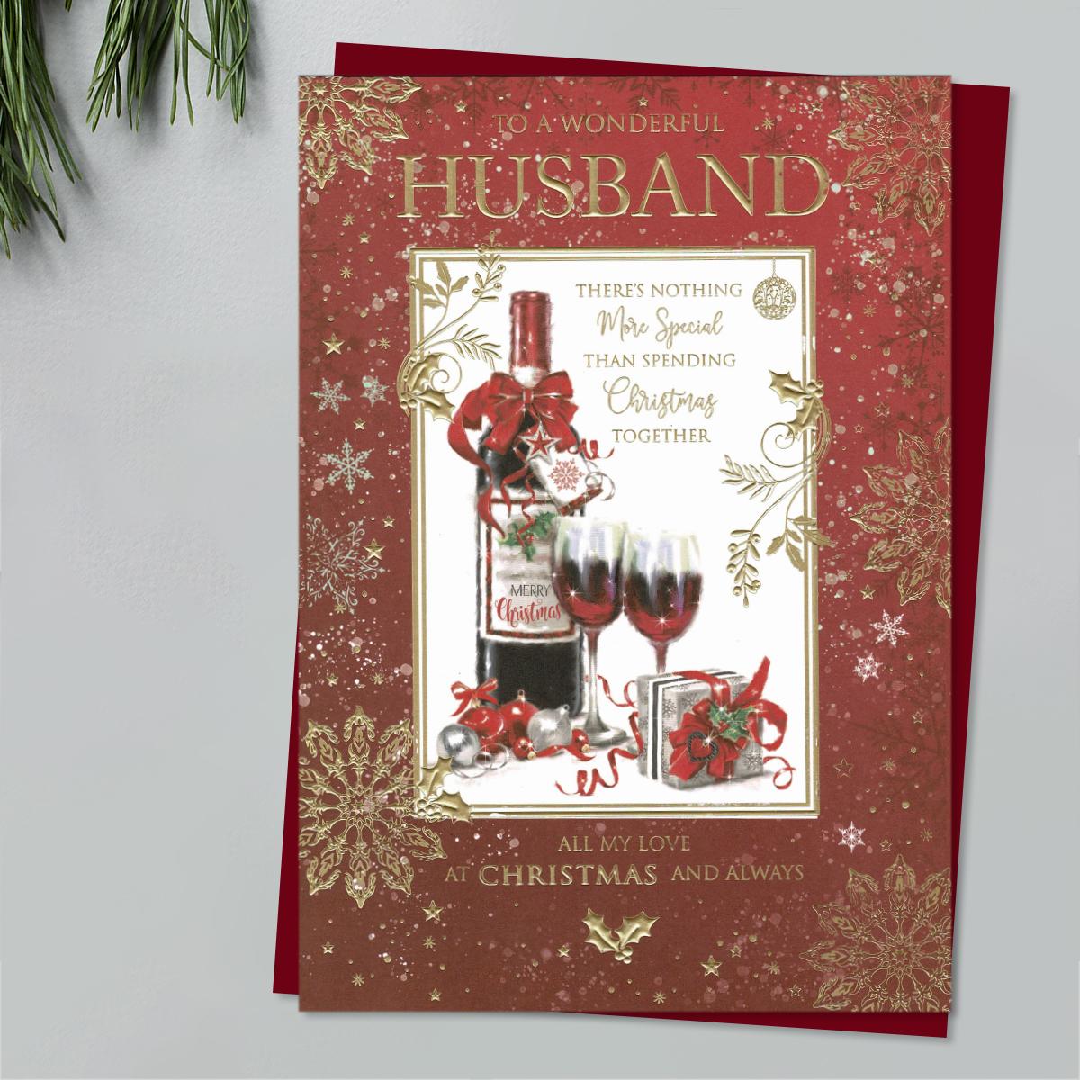 Wonderful Husband Merry Christmas Red Wine Card Front Image