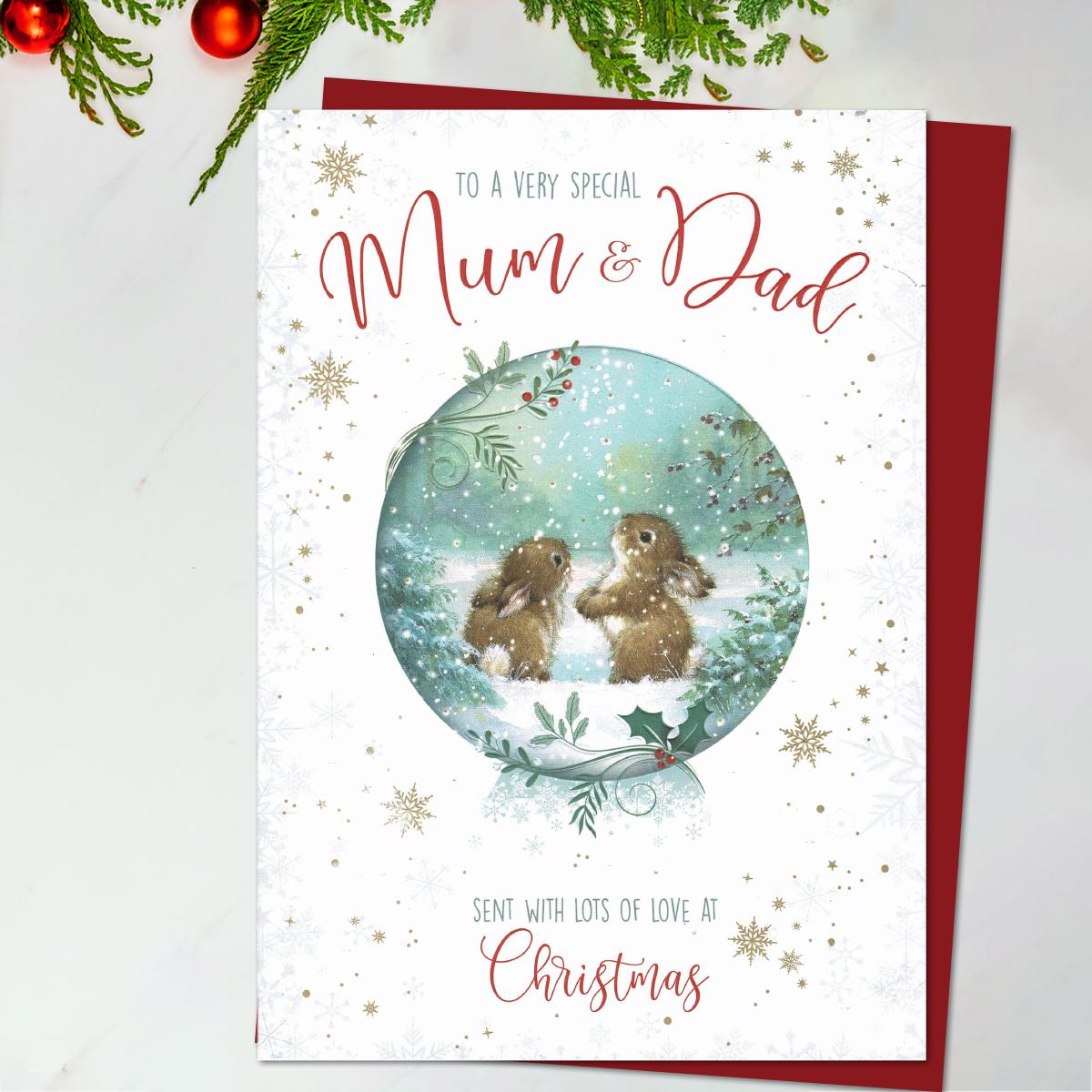 Very Special Mum and Dad Christmas Snow Globe Card Front Image