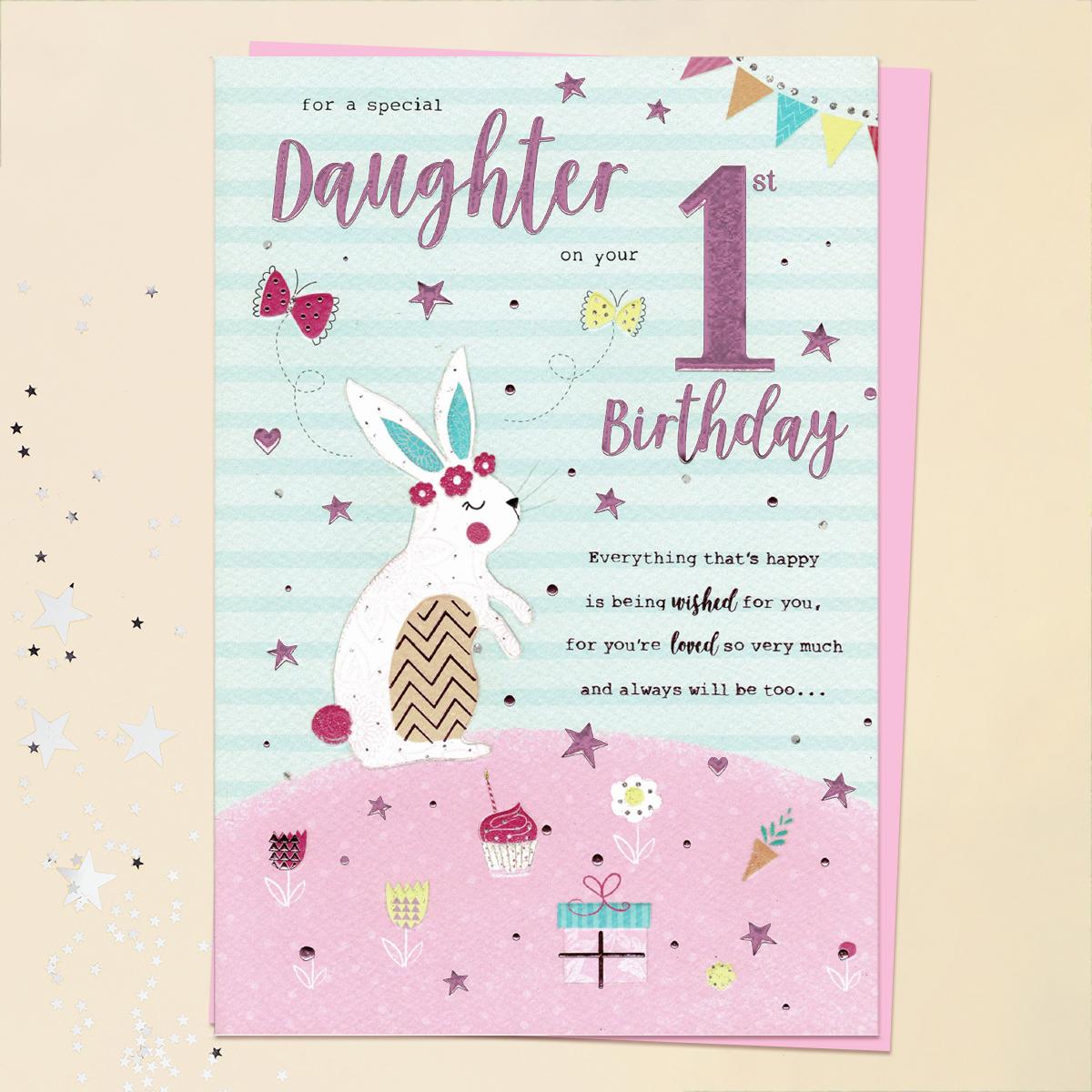 Daughter Age 1 Cute Bunny Birthday Card Front Image