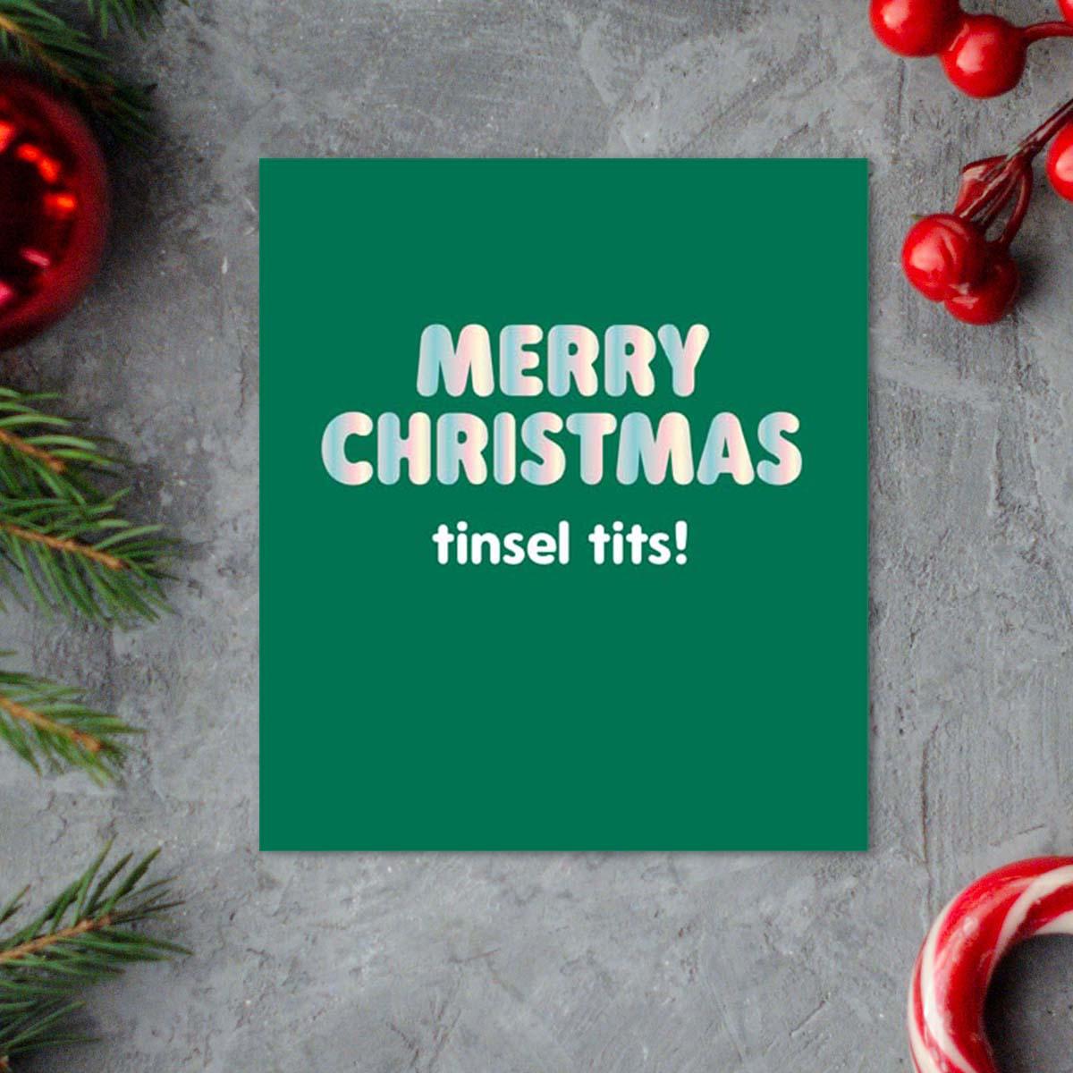 Merry Christmas Tinsel Tits Card Front Image