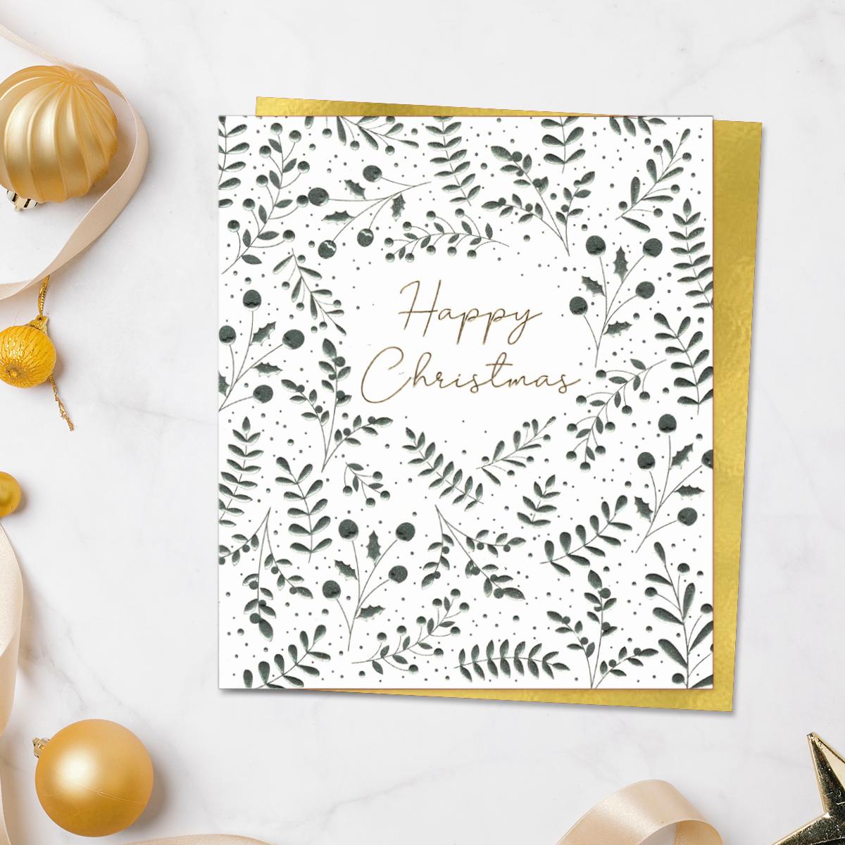 Happy Christmas Silver Foliage Card Front Image