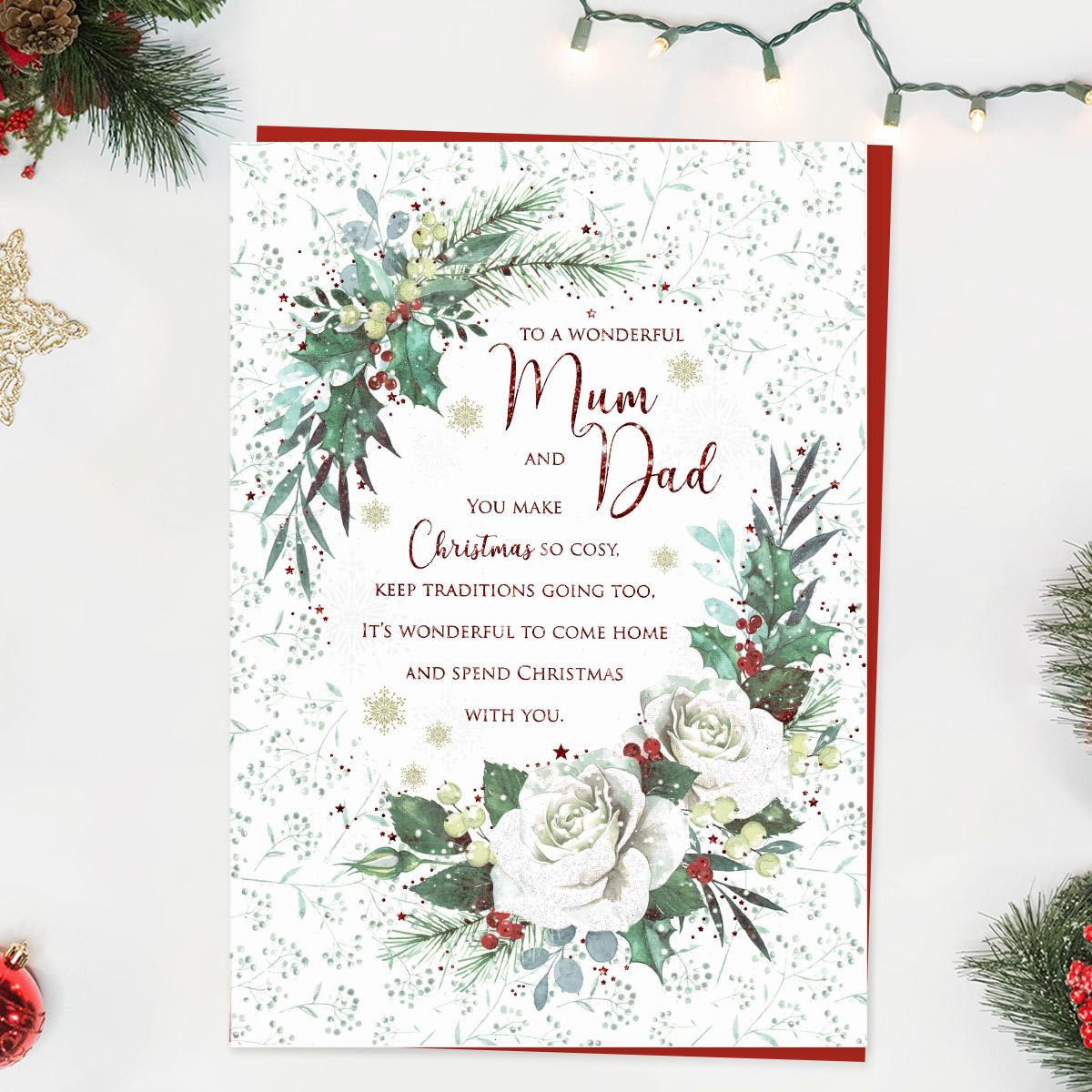 Wonderful Mum and Dad Floral Christmas Card Front Image