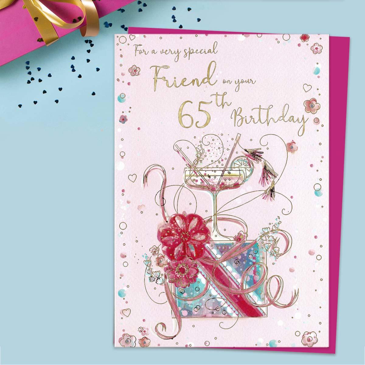 Friend Age 65 Birthday Card Alongside Its Lilac Envelope