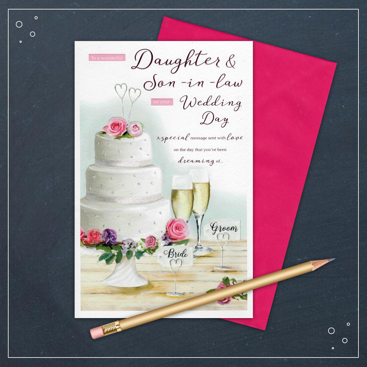 Daughter Wedding Card Alongside Its Magenta Envelope