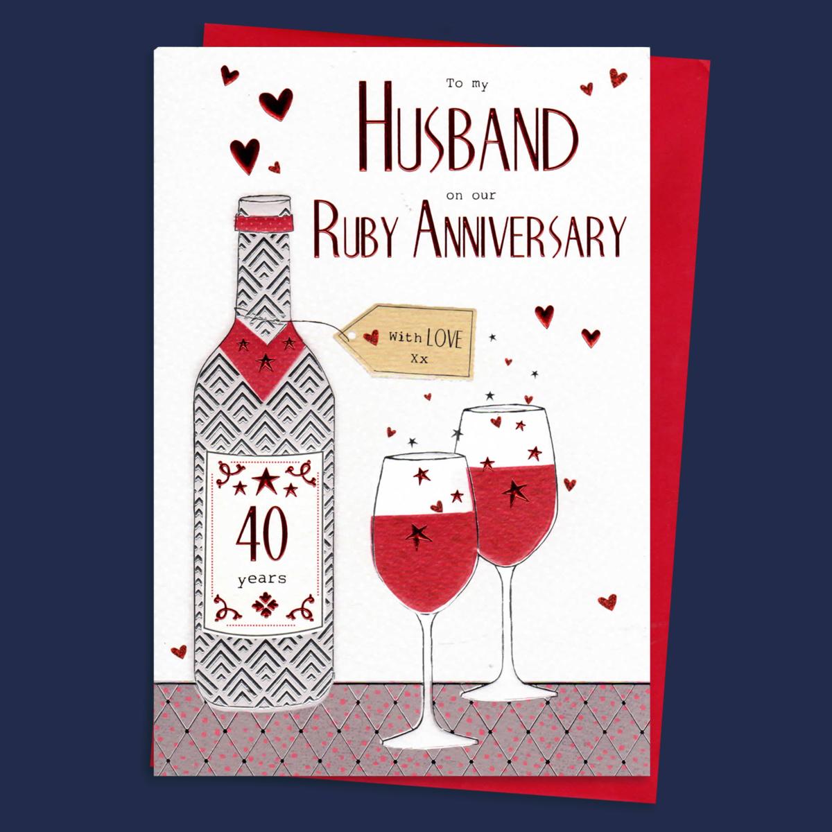 Husband Ruby Anniversary Card Sat On A Wooden Display Shelf