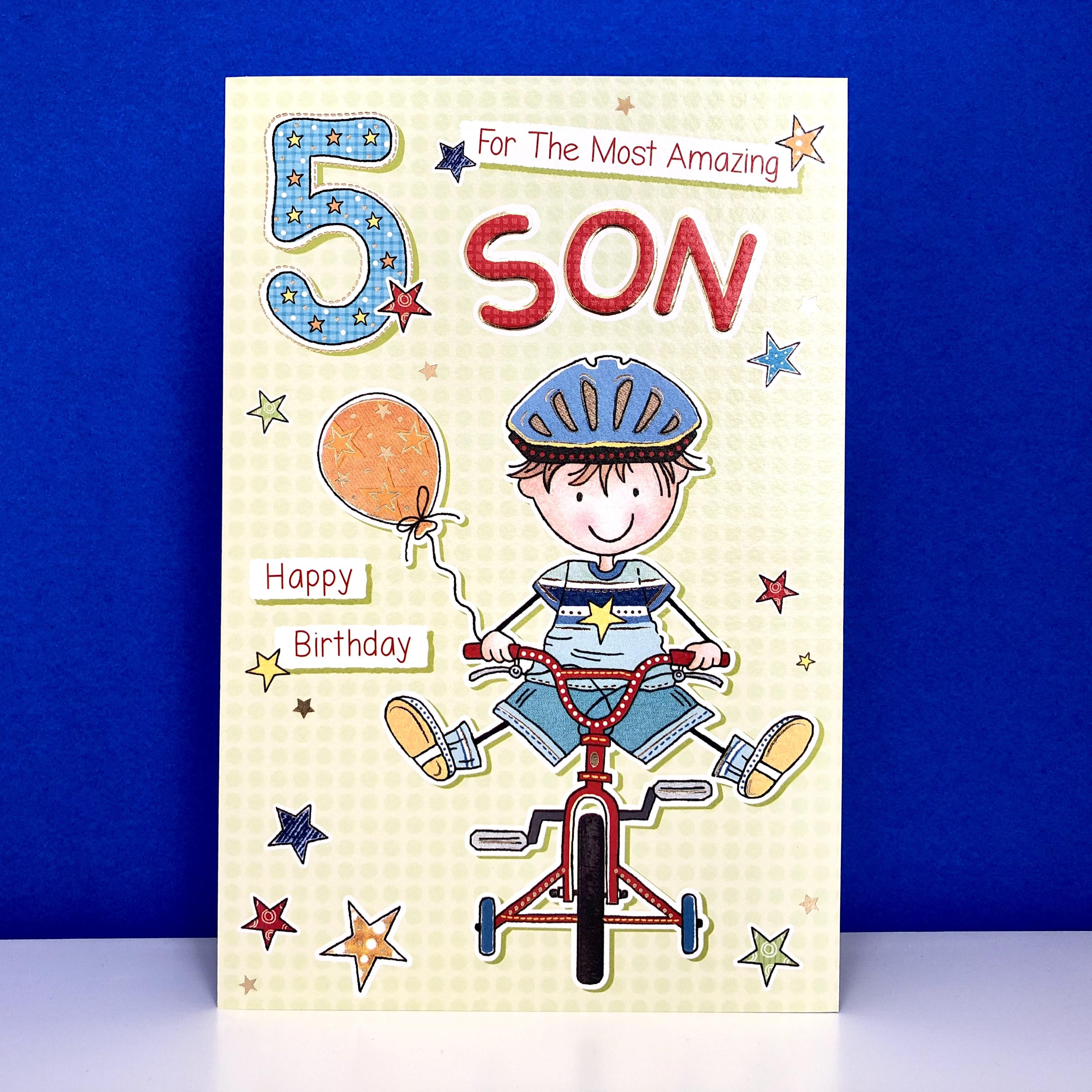 Most Amazing Son Age 5 Birthday Card Sat On A Wooden Display Shelf