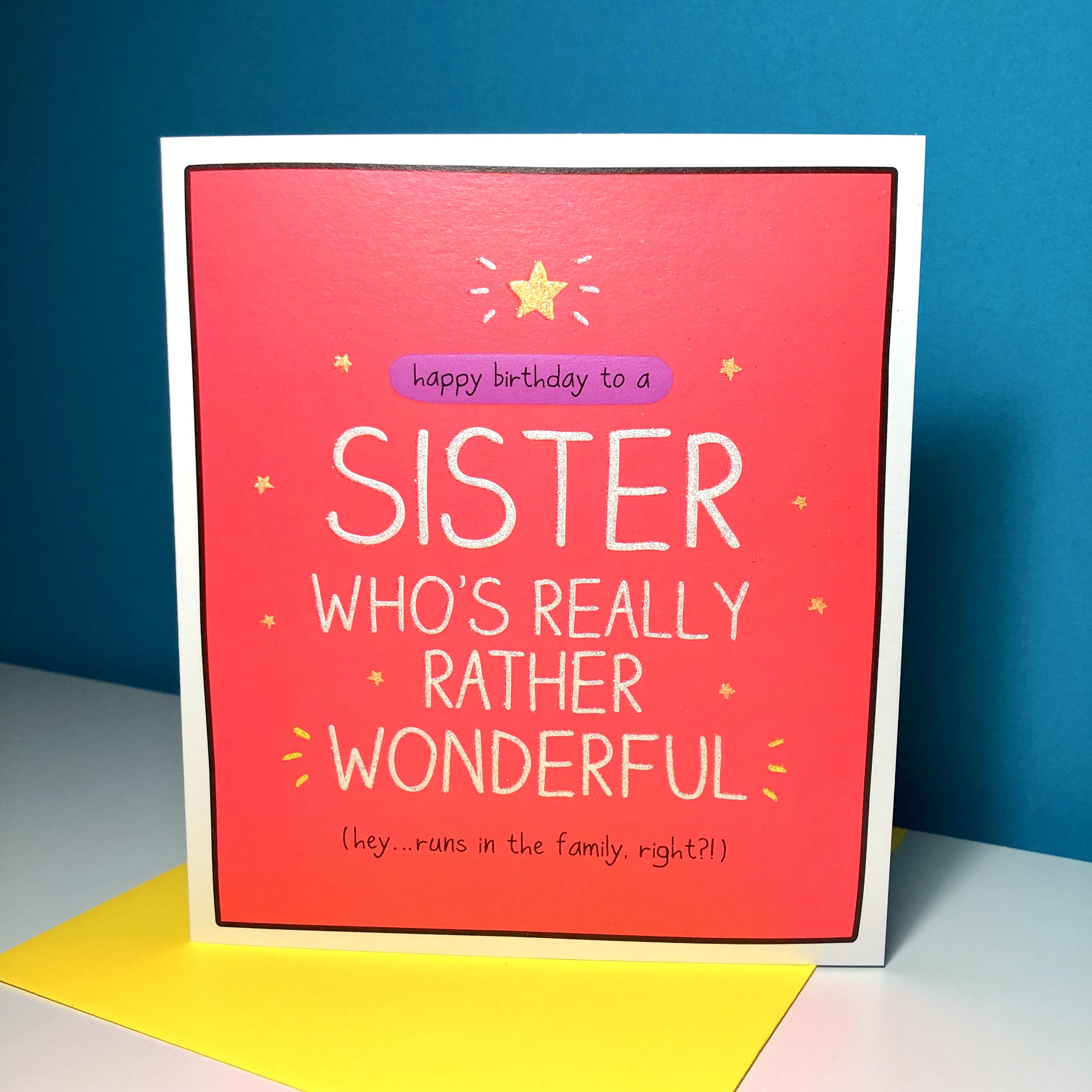 Sister Happy Jackson Birthday Card Alongside Its Yellow Envelope