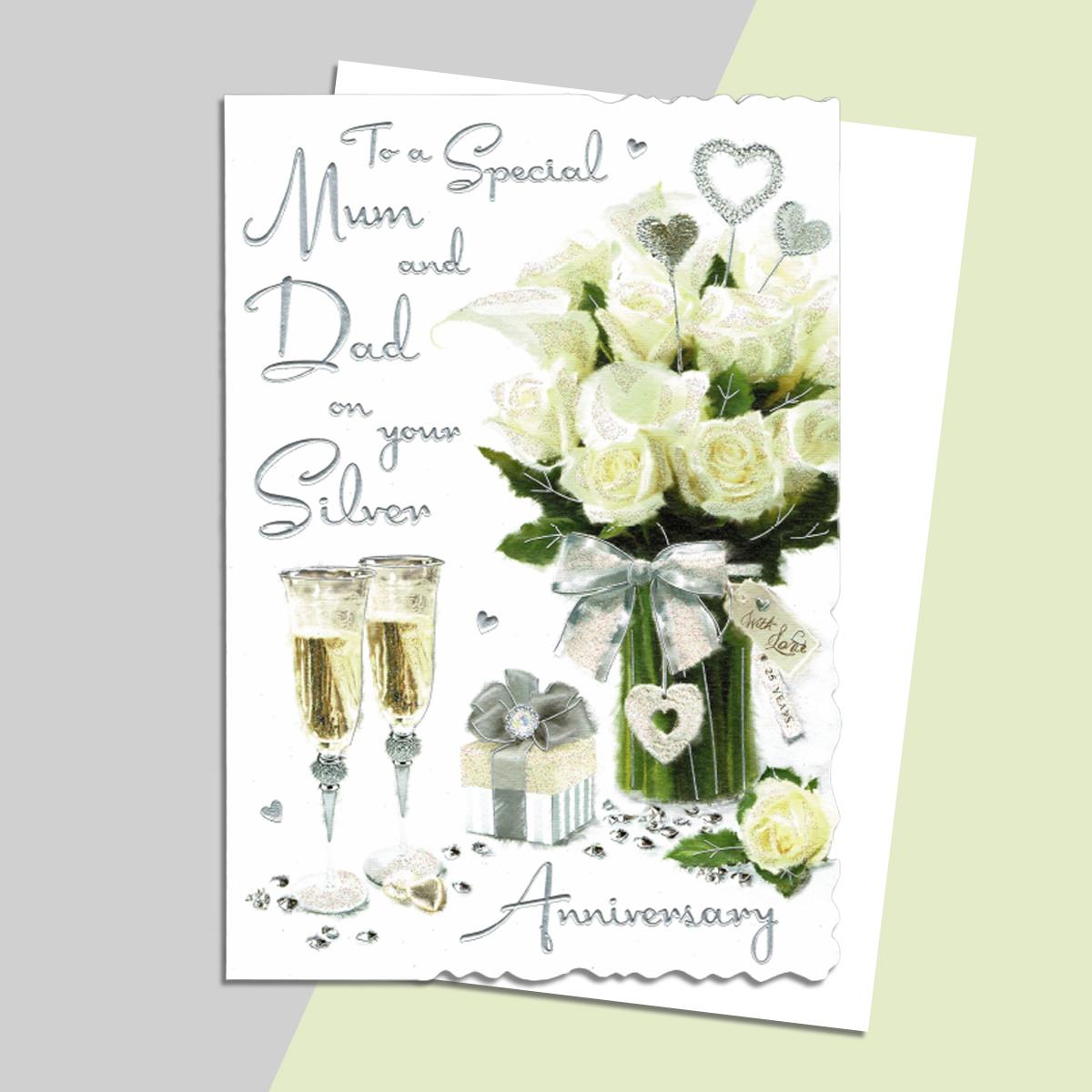 Mum And Dad Silver Anniversary Card Alongside Its White Envelope