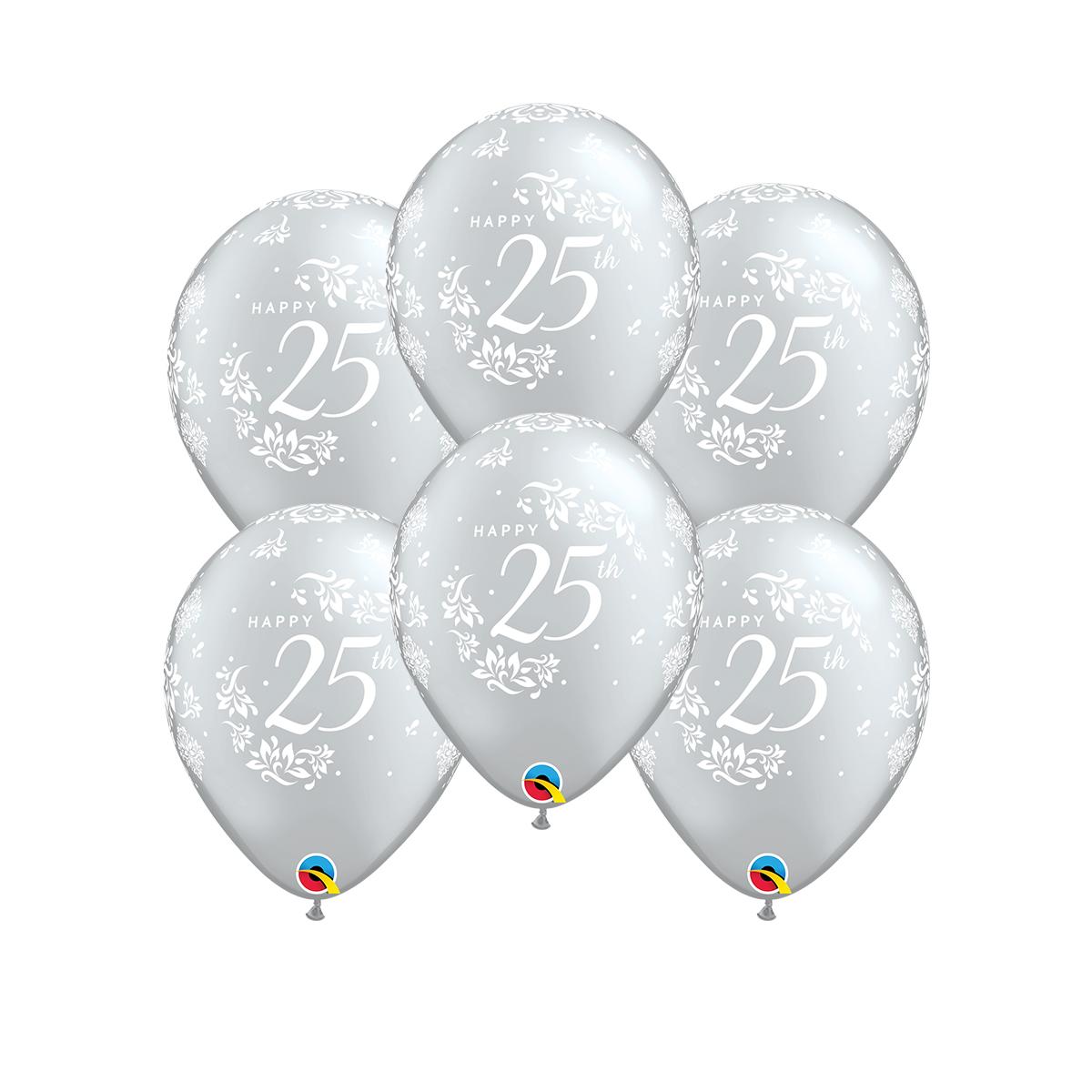 6 Inflated Silver Anniversary Latex Balloons
