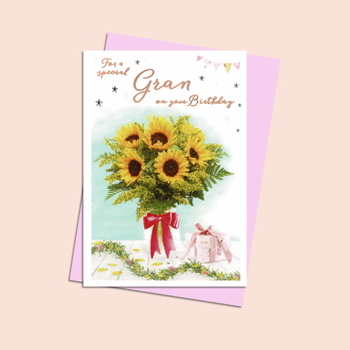 Gran Birthday Card Featuring A Large Bunch Of Yellow Sunflowers