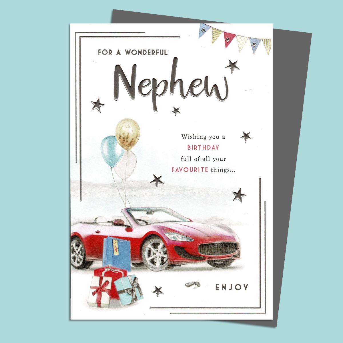 Nephew Birthday Card Featuring A Red Sports Car With Balloons Attached