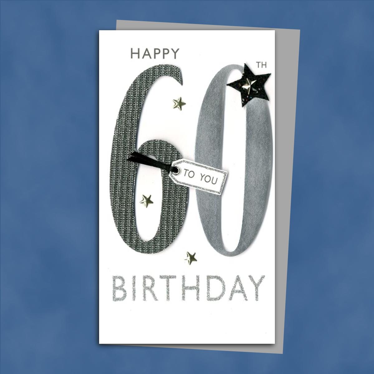 Happy 60th Birthday Card Alongside Its Silver Envelope