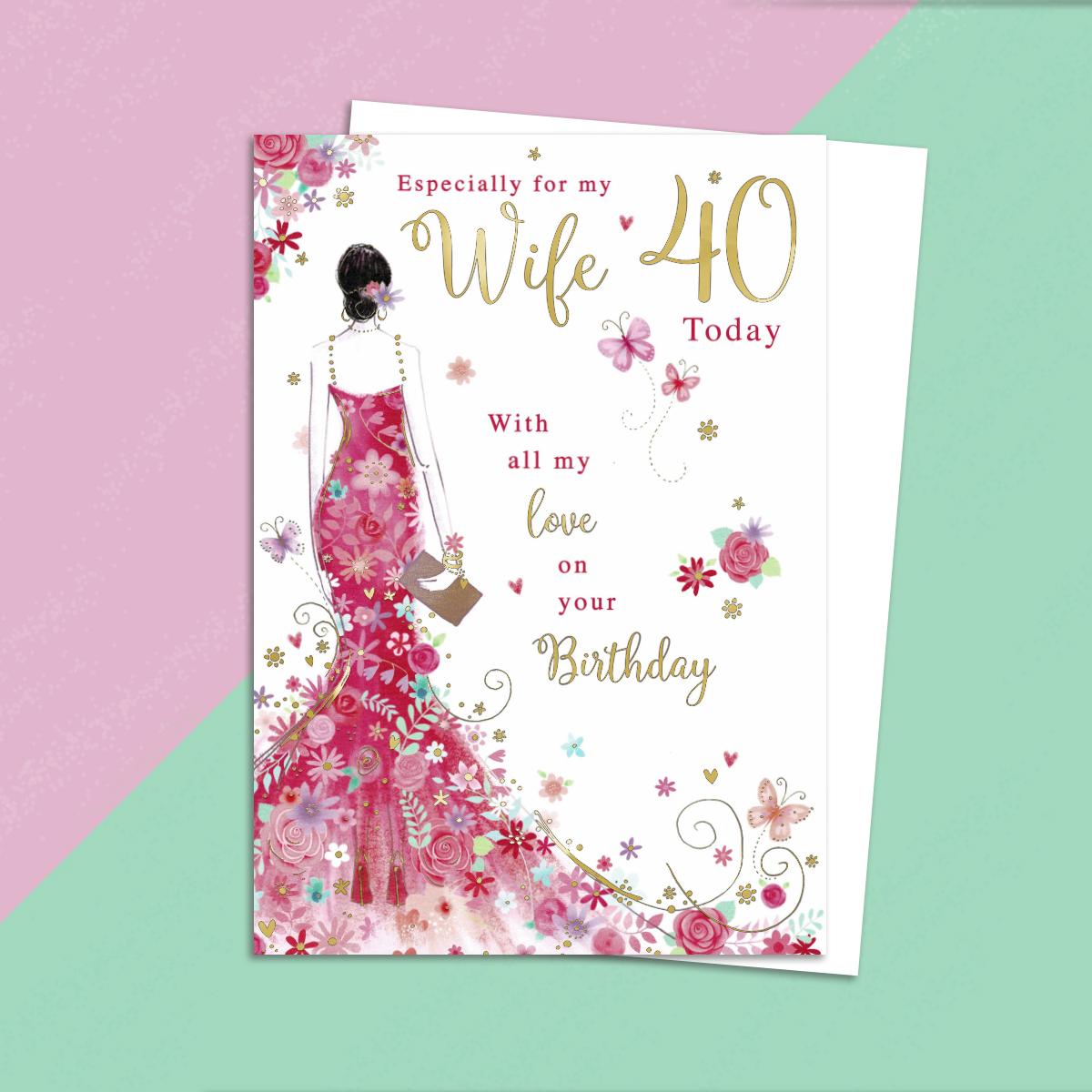 Wife Age 40 Birthday Card Alongside Its White Envelope