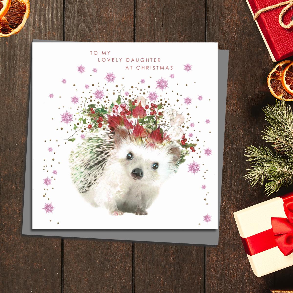 Hedgehog Themed Daughter Christmas Card Alongside Its Grey Envelope