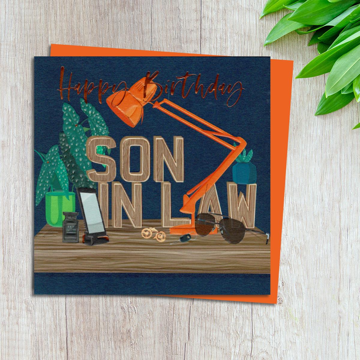 Son In Law Birthday Card design Complete With Neon Orange Envelope