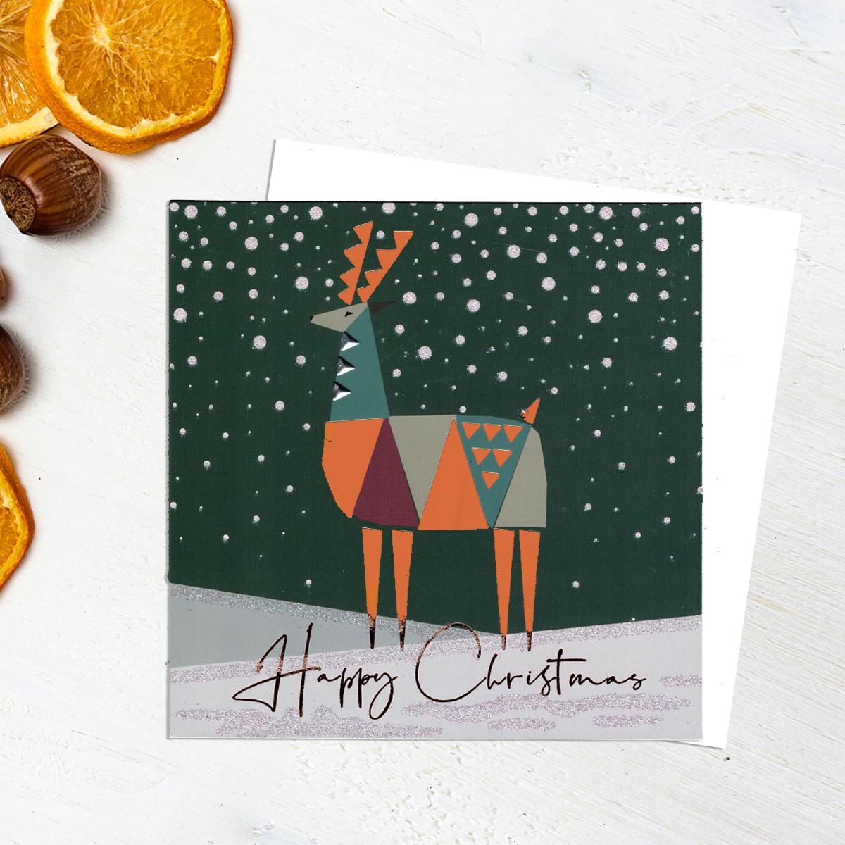 Beautiful, Contemporary Style Geometric Reindeer Christmas Card. With Added Gems And Sparkle. Complete With White Envelope