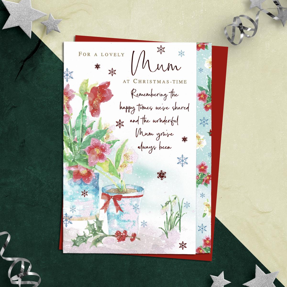 For A Lovely Mum At Christmas Time Featuring Plants, Berries And Snowdrops. Finished With Red Foil Detail, Sparkle And Red Envelope