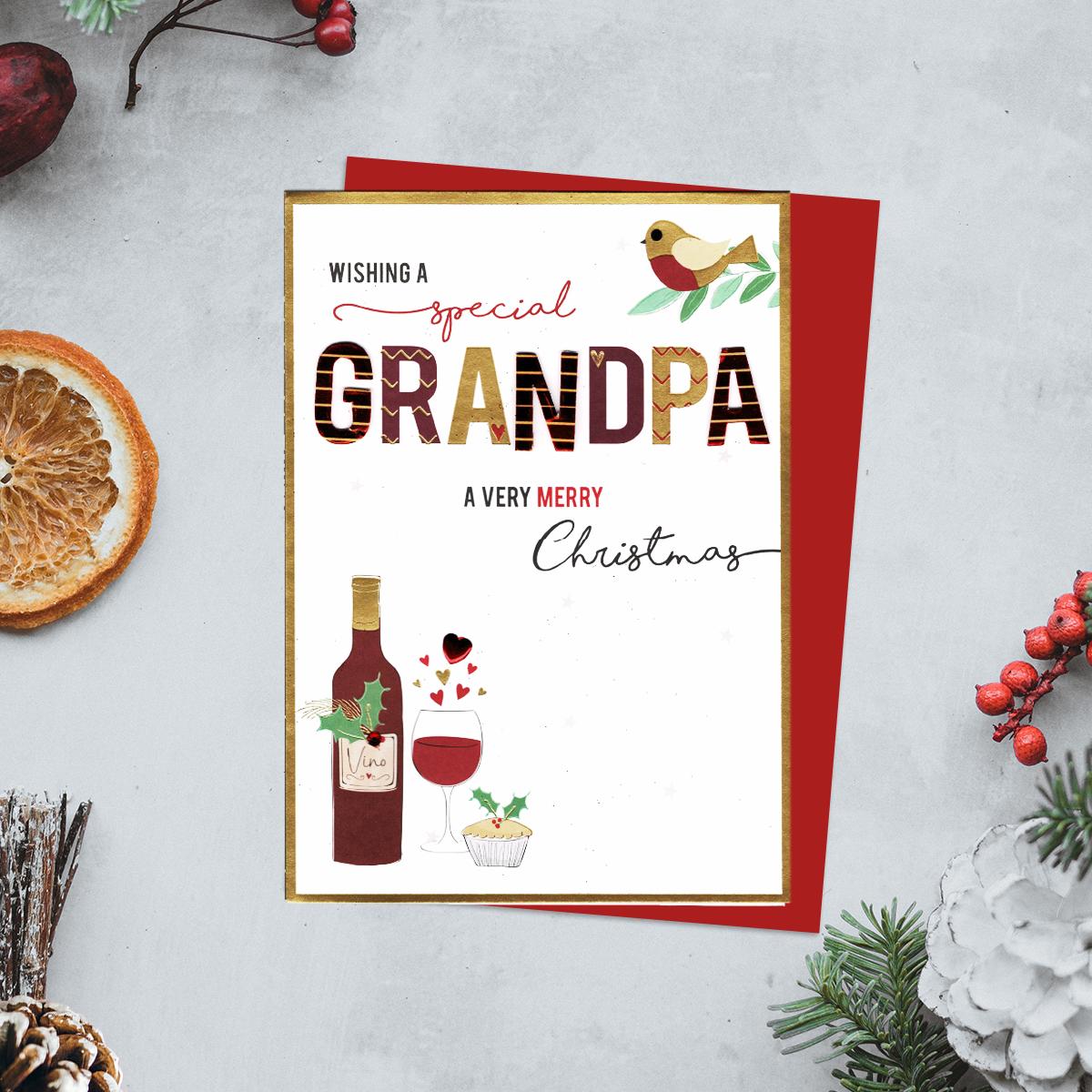 Wishing A Special Grandpa A Very Merry Christmas Featuring A Bottle Of Red Wine And Glass, Robin And Decoupage Lettering. Finished With Jewel Embellishments And Red Envelope