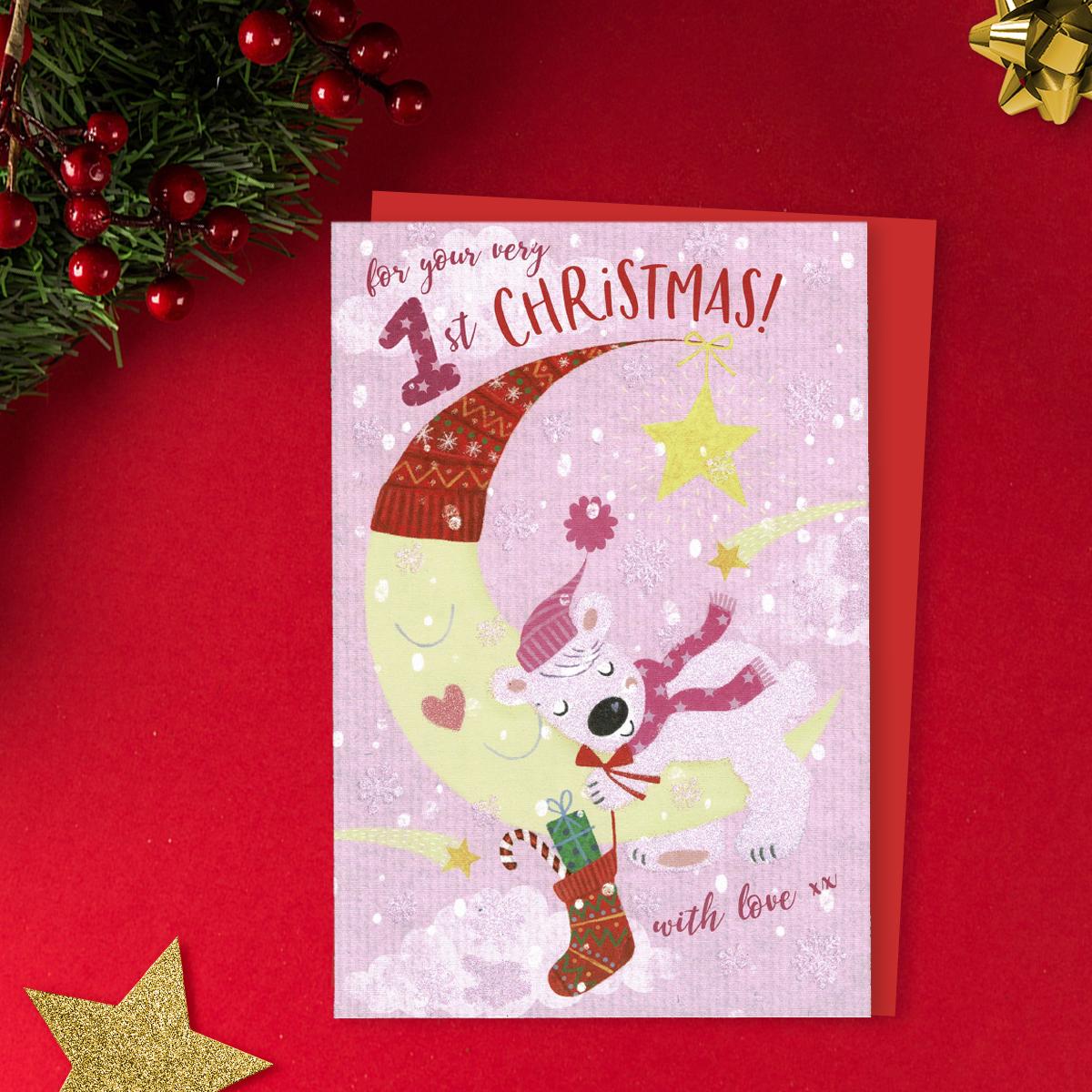 For Your Very 1st Christmas With love Featuring A Bear Asleep On The Moon With Christmas Stocking! Finished With Sparkle And Printed Insert. Complete With a Red Envelope