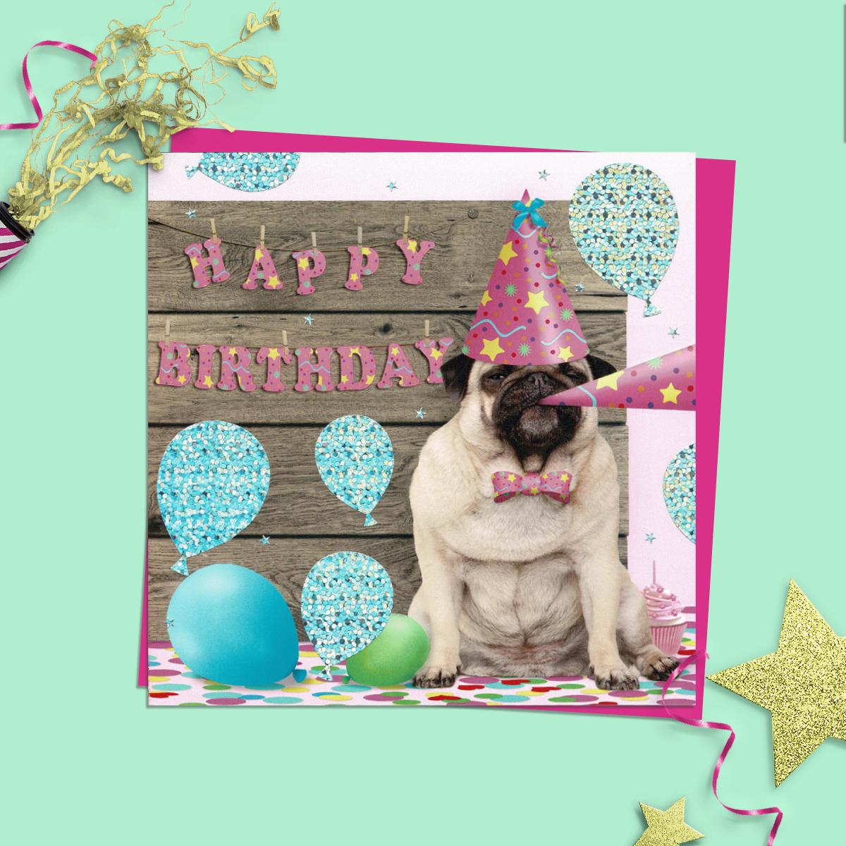 Birthday Pug Birthday Card Alongside Its Magenta Envelope