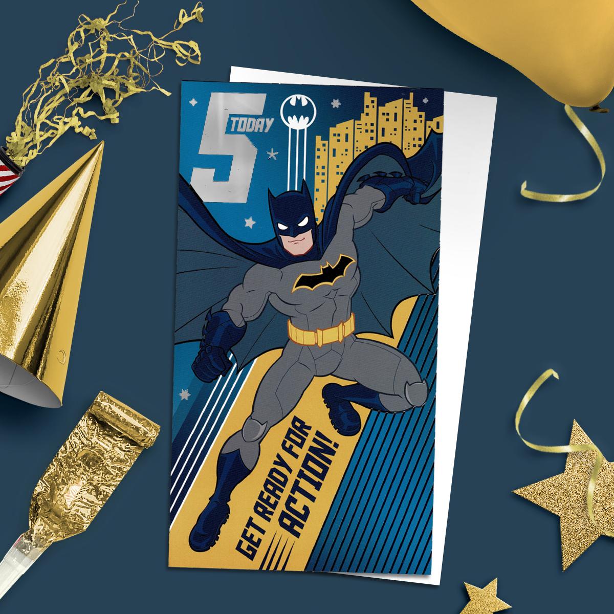 Batman Age 5 Superhero Birthday Card Alongside Its White Envelope