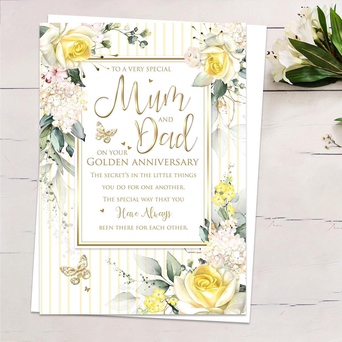 ' To A Very Special Mum And Dad On Your Golden Anniversary' Featuring Lemon Roses And Gold Foiled Butterflies. Complete With White Envelope