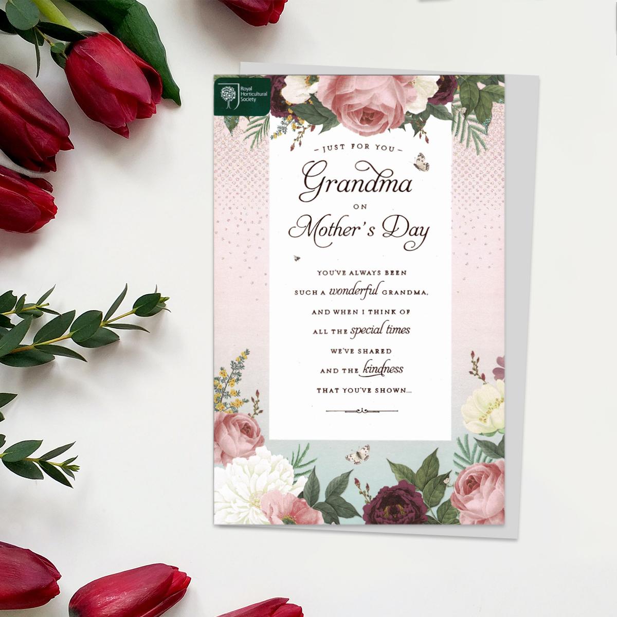 RHS ' Just for You Grandma On Mother's Day' Card Featuring Beautiful Roses And added Sparkle. Complete With Grey Envelope With floral detail