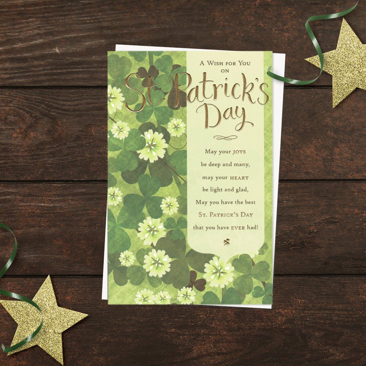 ' A Wish For You On St. Patrick's Day' Card with flowering clover and heartfelt verse