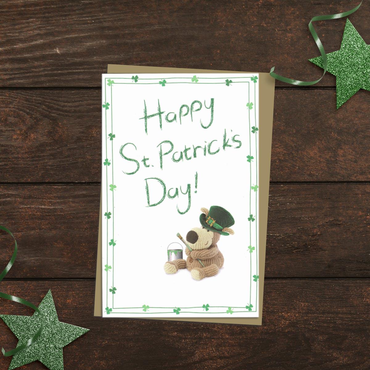 ' Happy St. Patrick's Day' Card with Boofle Bear and a pot of green paint! With brown envelope