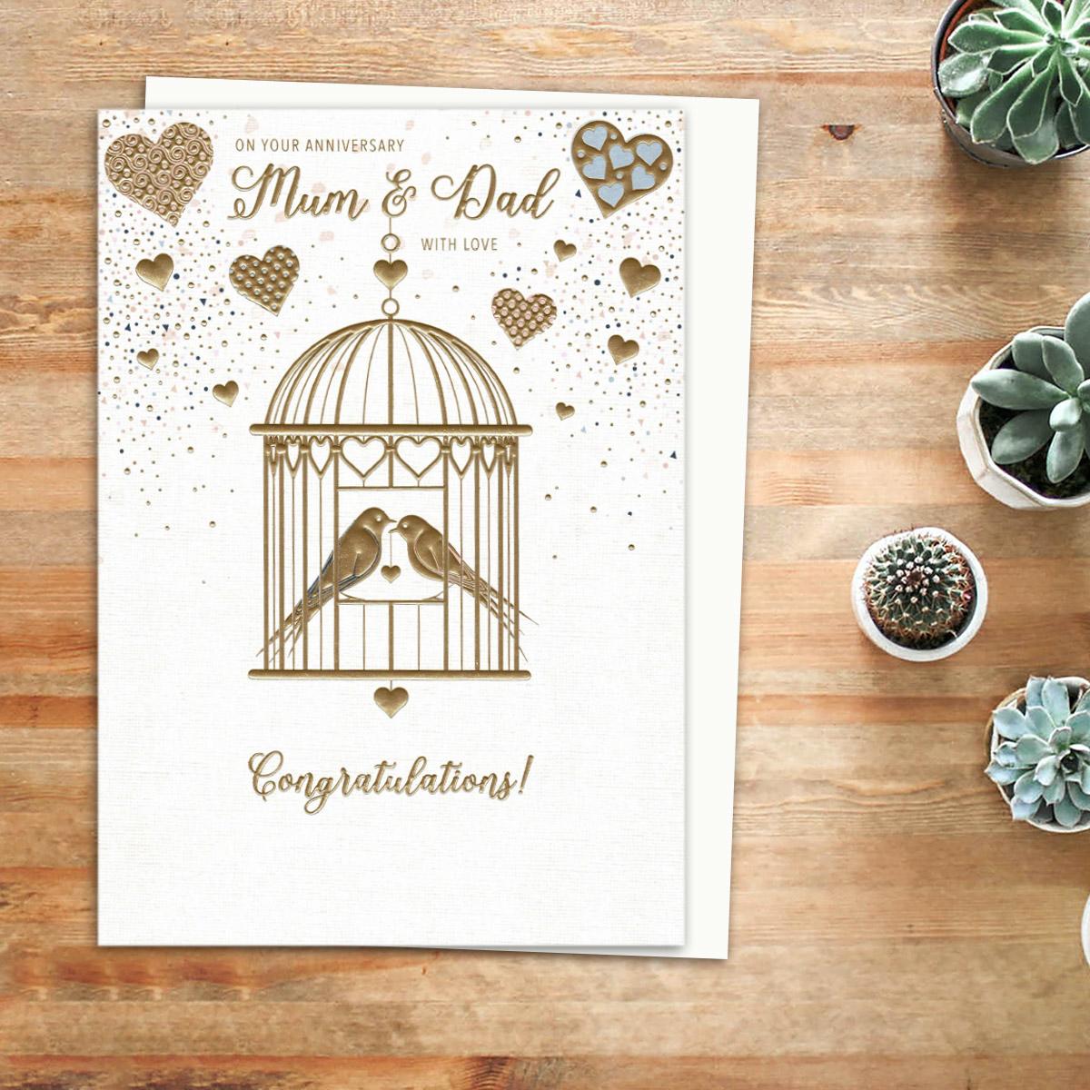 Mum & Dad Anniversary Gilded Birdcage Card Front Image