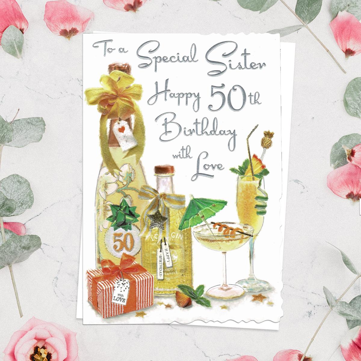 Sister 50th Cocktails & Gifts Birthday Card Front Image