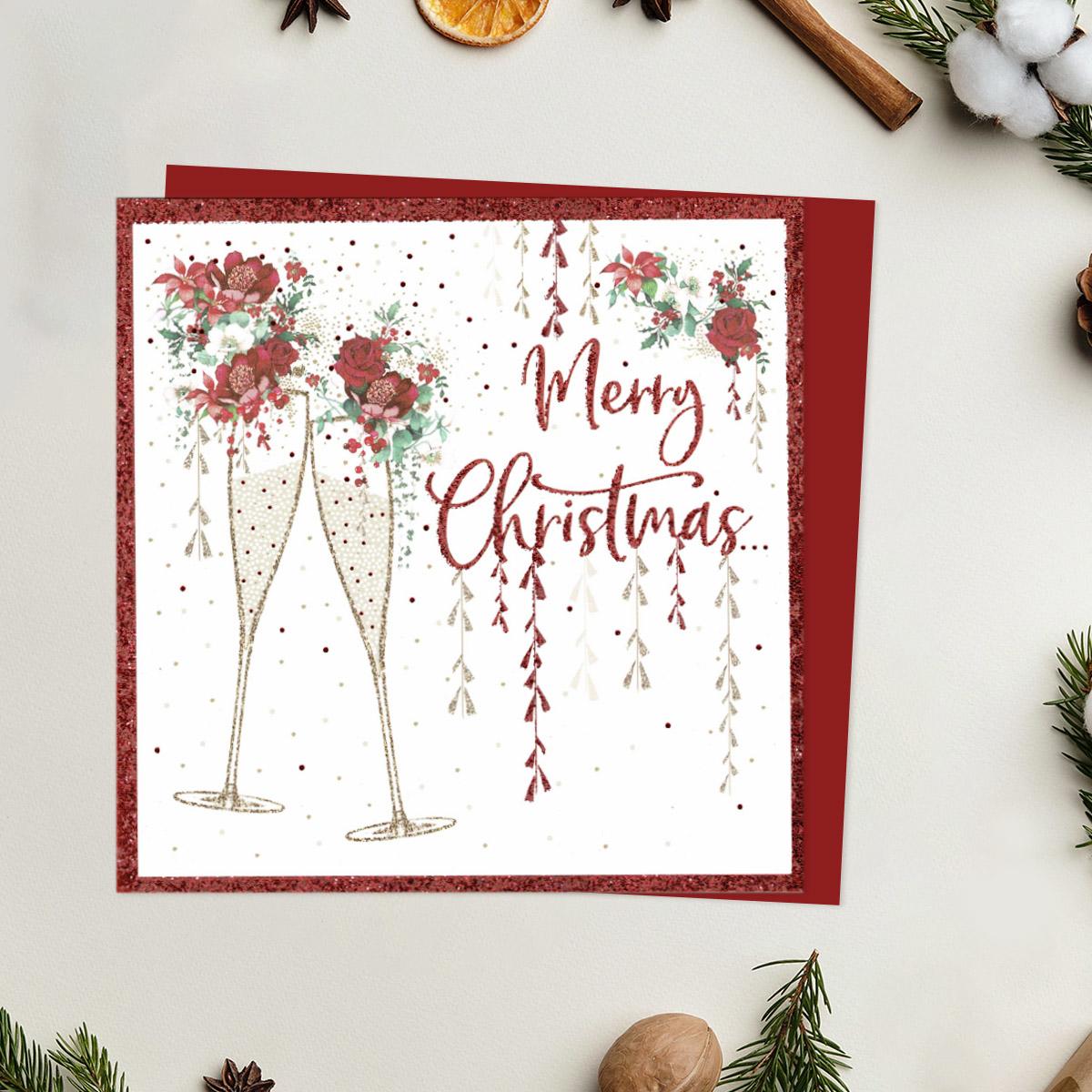 Merry Christmas Champagne & Flowers Card Front Image