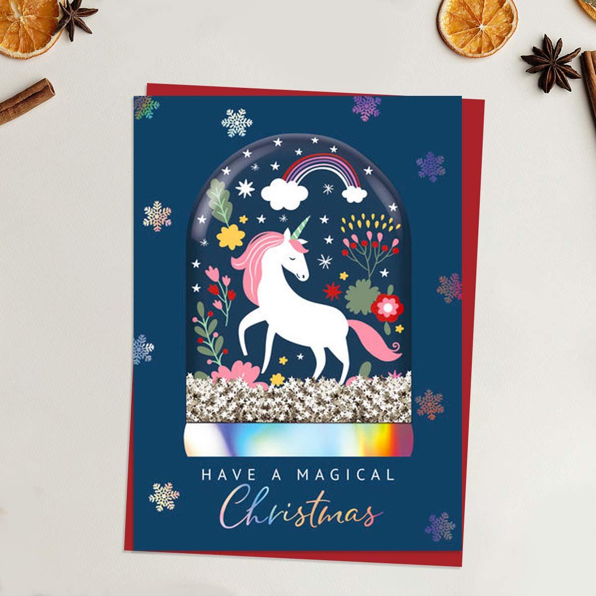 Magical Christmas Unicorn Snow Globe Card Front Image