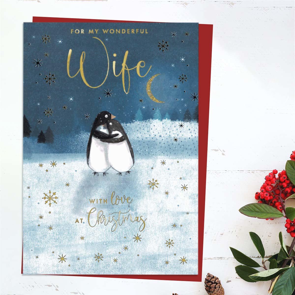 Wonderful Wife Christmas Penguins Card Front Image