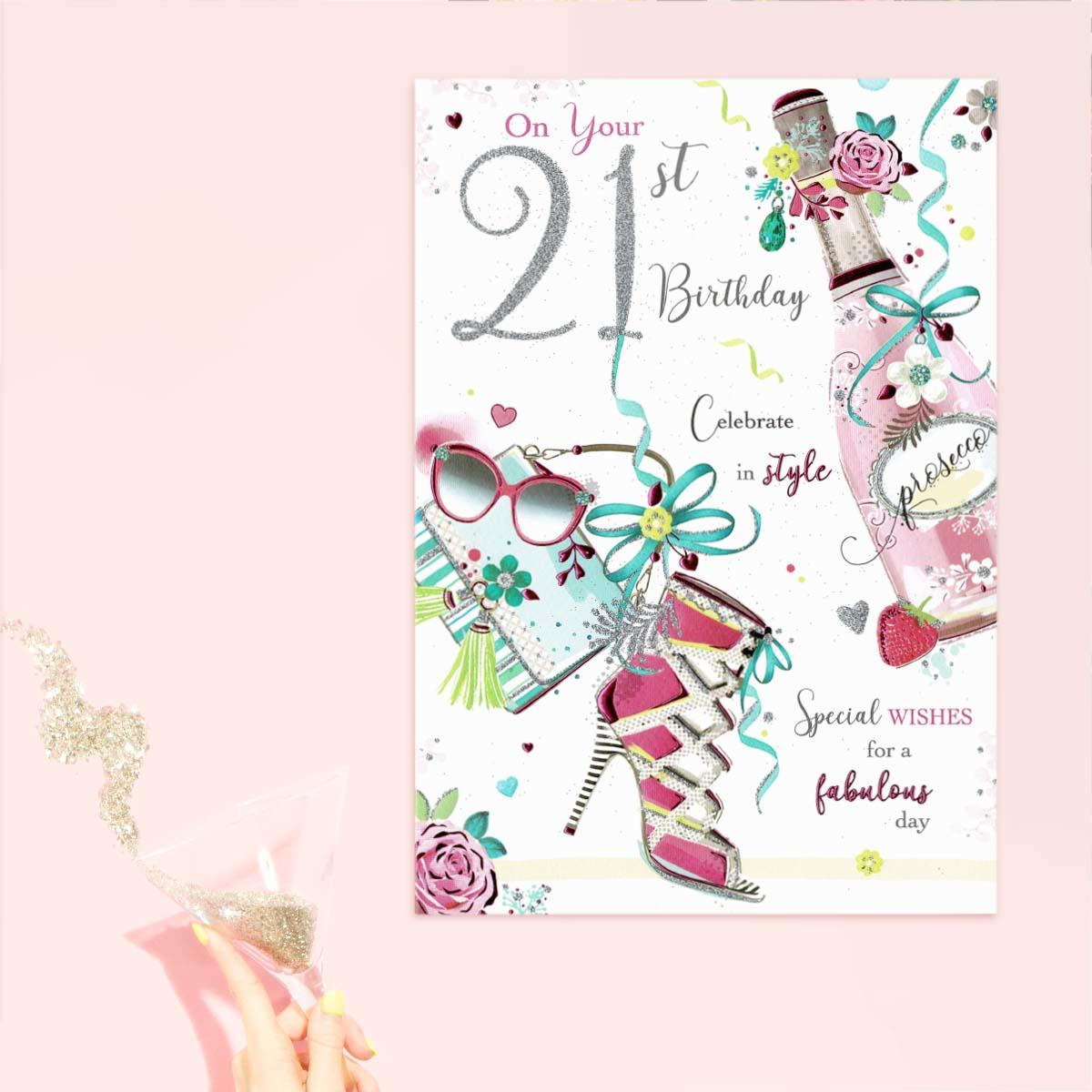 On Your 21st Birthday Prosecco & Heels Card Front Image