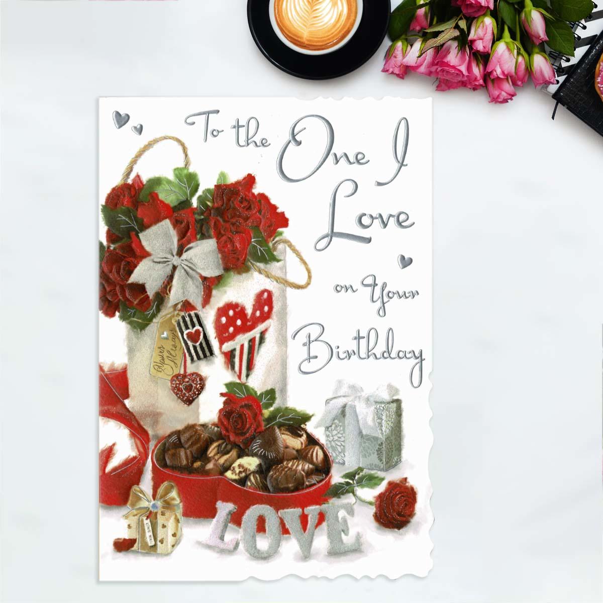 One I Love Red Roses & Chocolates Birthday Card Front Image