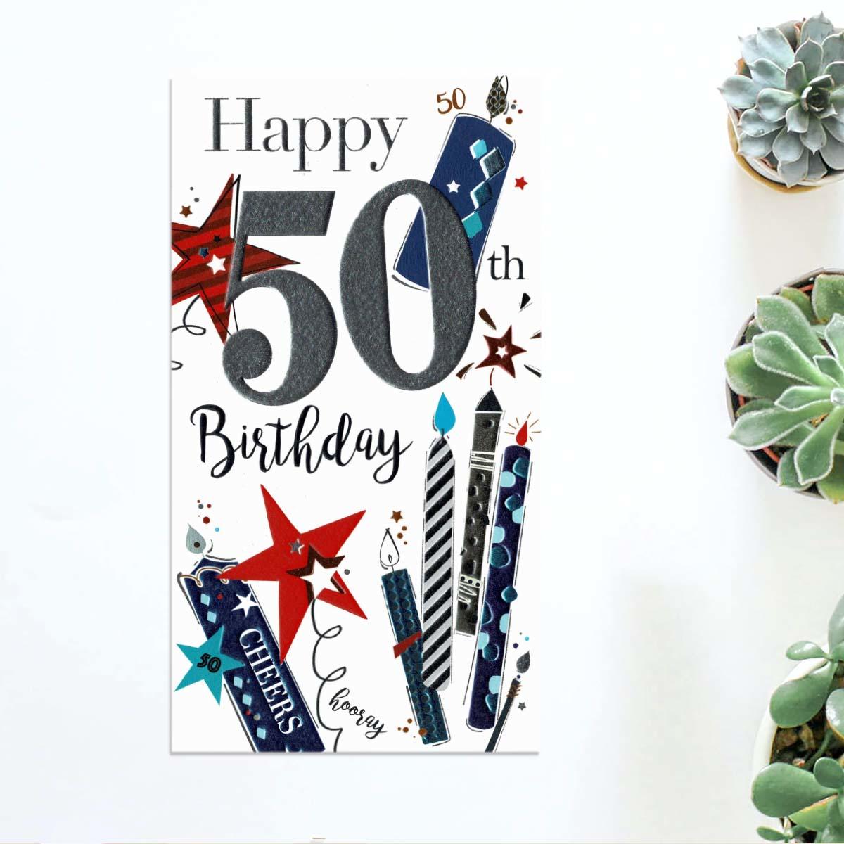 Bling - 50th Birthday Candles Blue Card Front Image