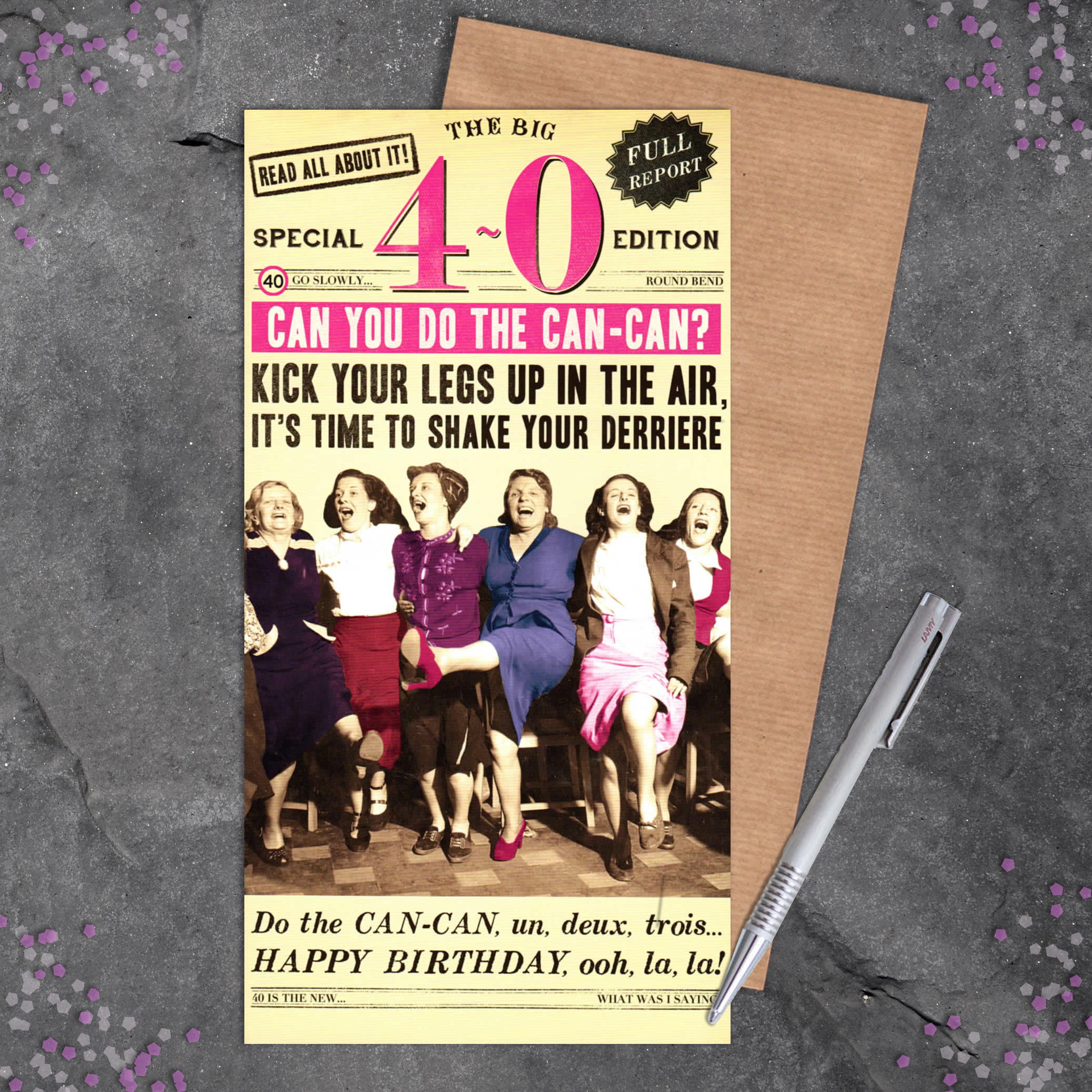 Age 40 Female Funny Birthday Card Sitting On A Display Shelf
