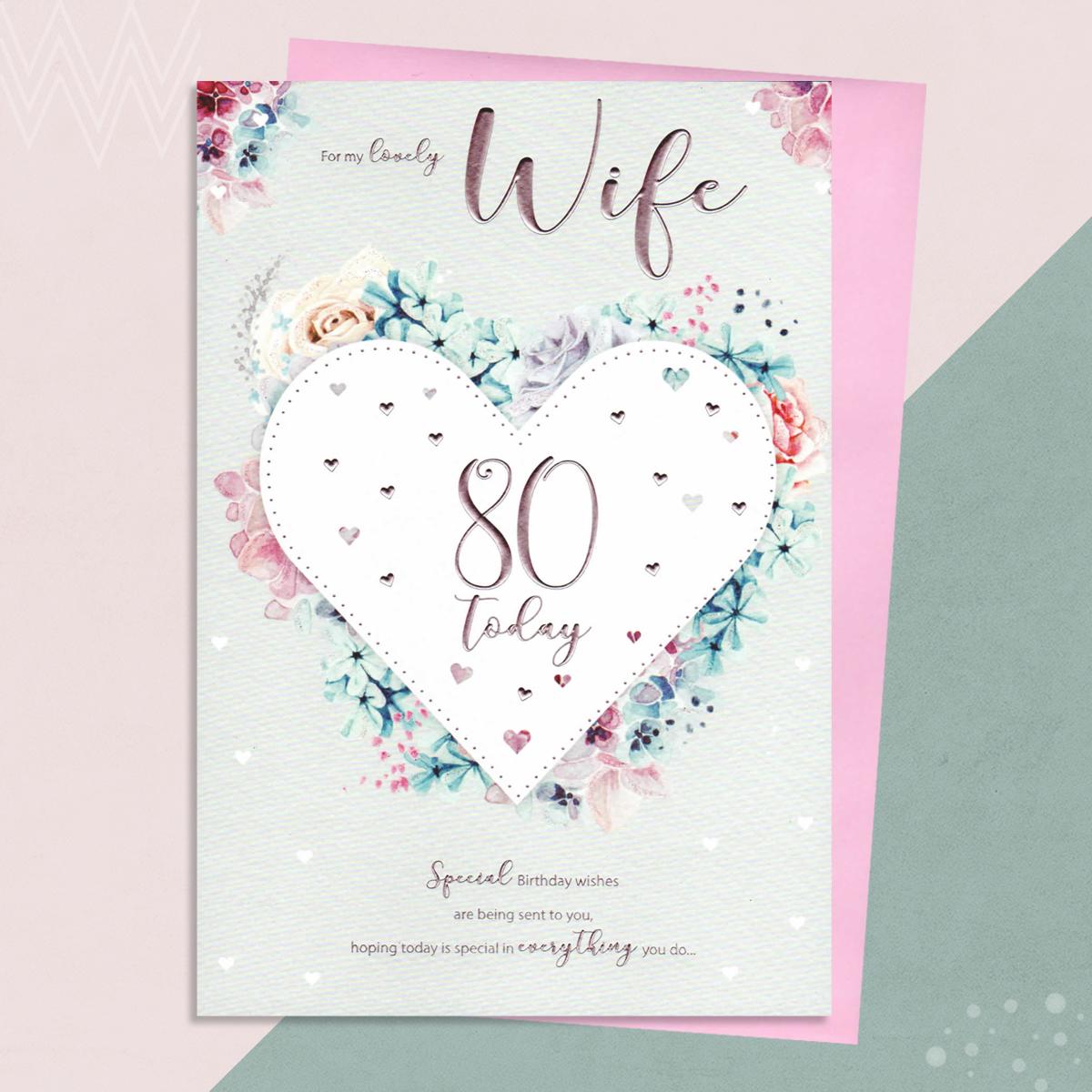 Wife Age 80 Birthday Card Alongside Its Pink Envelope
